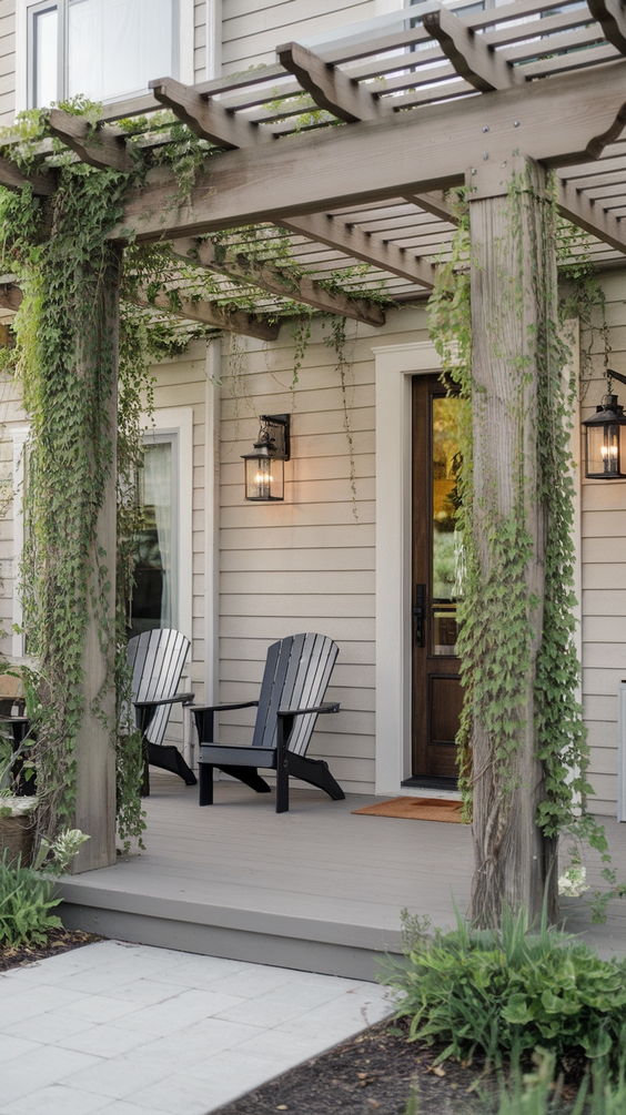 Front porch pergola with lantern sconces and Adirondack chairs