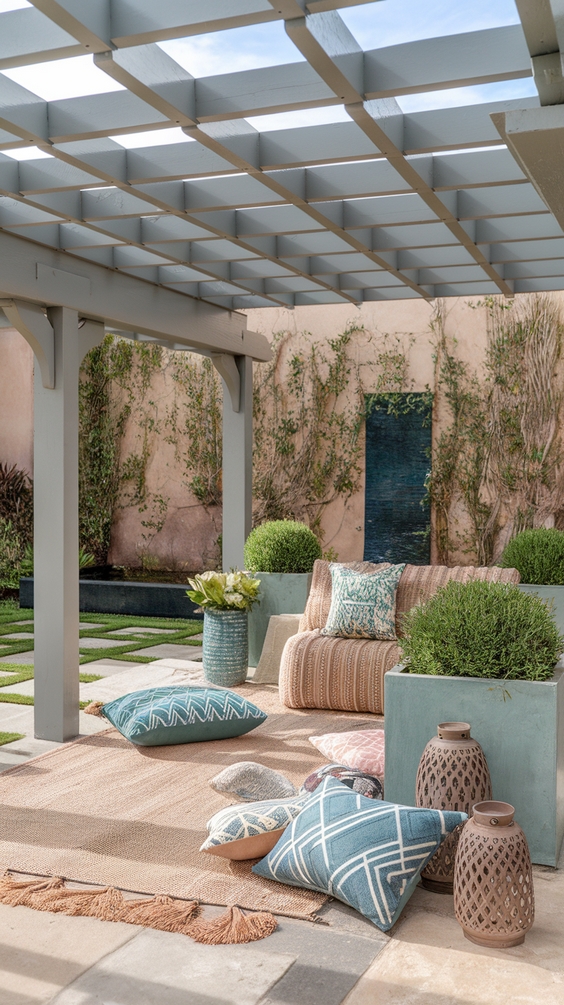 Colorful pergola with decorative cushions and lanterns