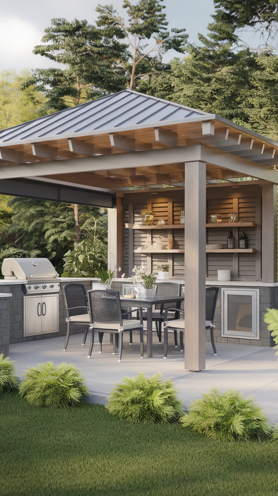 Multi-functional pergola with grill and dining area