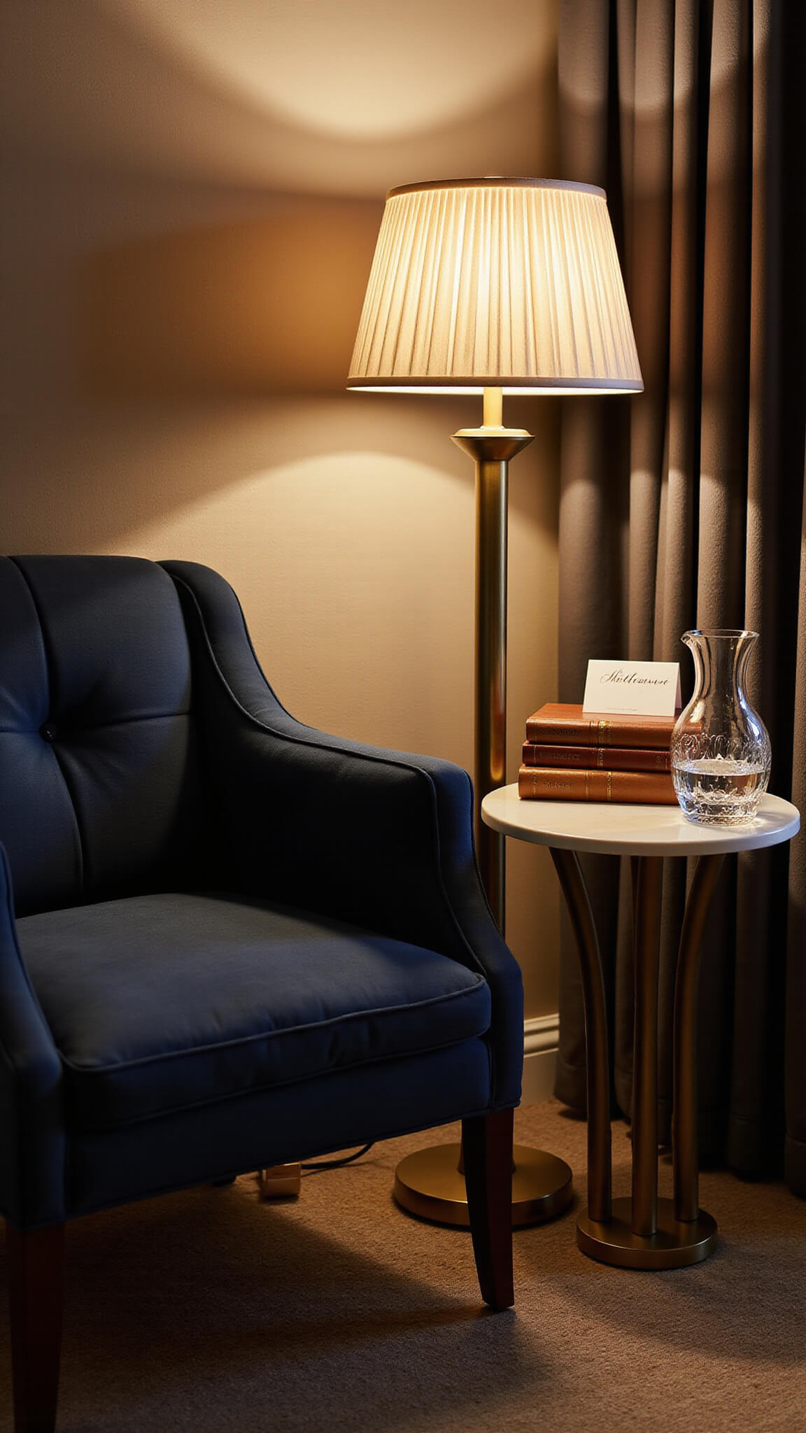 Inviting guest room nook with plush navy armchair, brass floor lamp, side table with books, water carafe, and personalized welcome note, illuminated by soft ambient lighting.