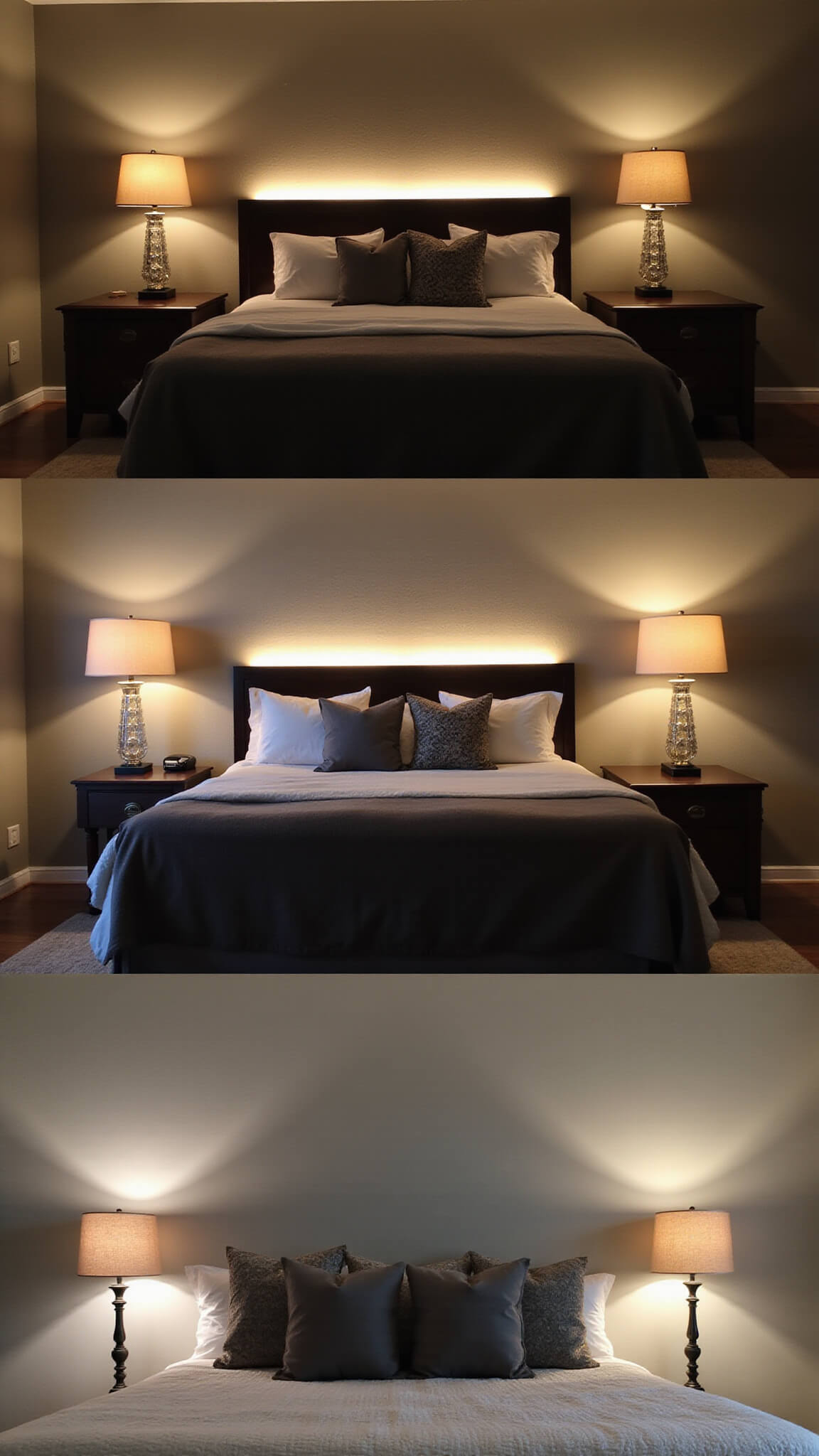 Evening bedroom scene with layered lighting including sconces, table lamps, pendant lights, and warm LED strips behind the headboard, casting elegant patterns on soft grey walls.