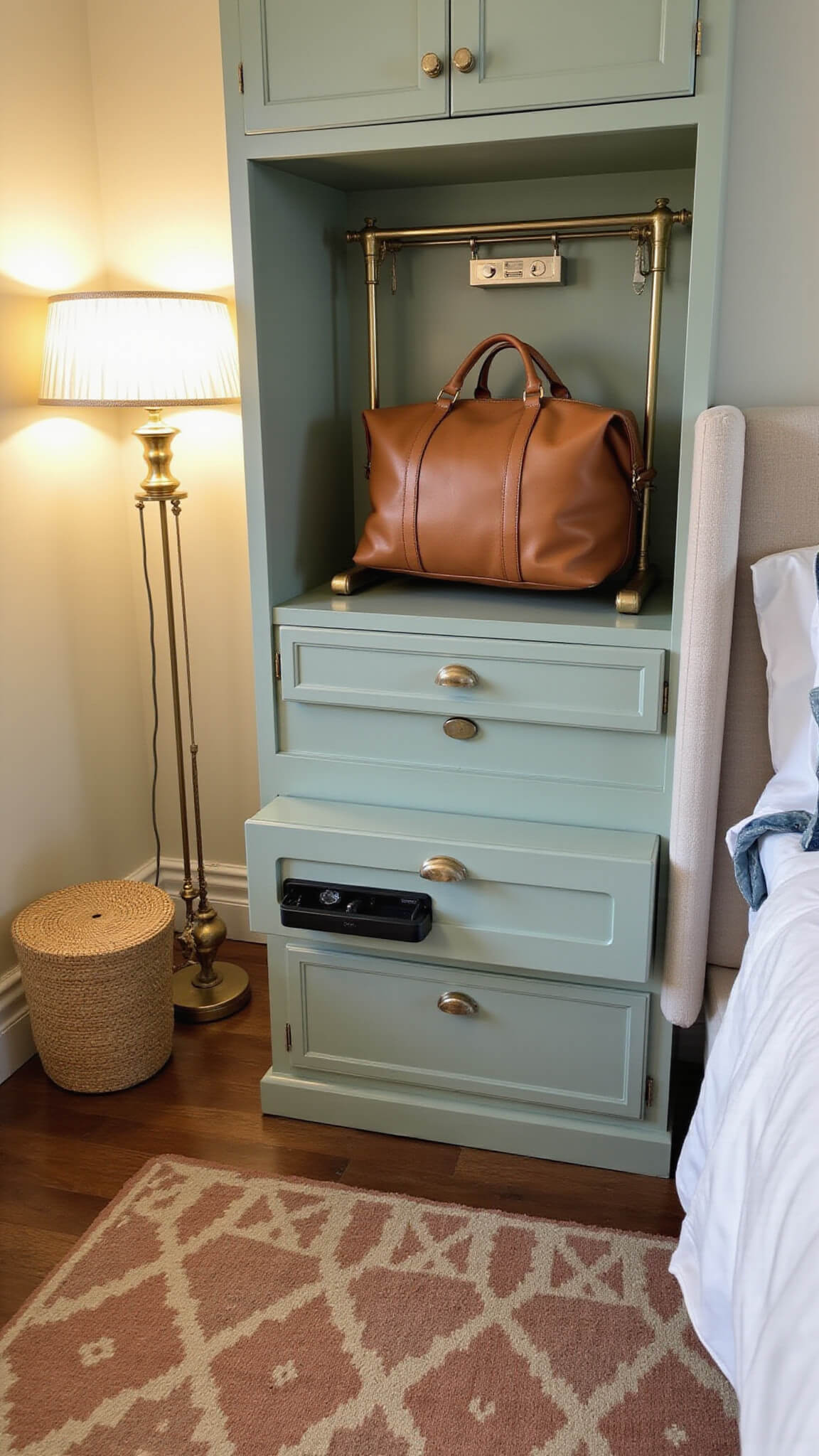 Tranquil guest room corner at dusk featuring a brass luggage rack, sage green drawers, floating nightstand with USB ports, and a patterned wool rug.