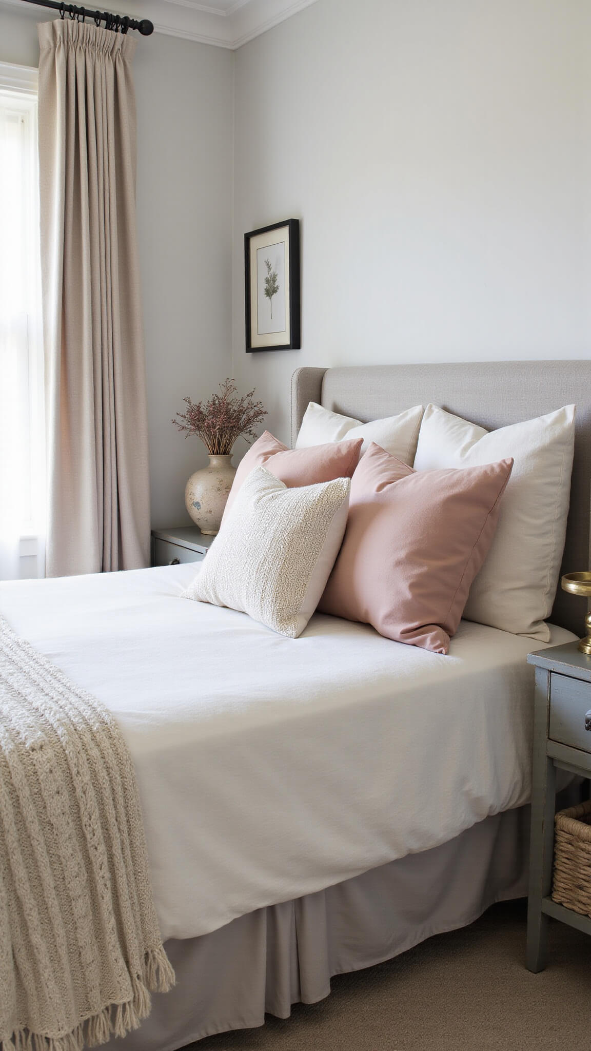 Close-up of a sunlit guest room corner featuring a cream cable-knit throw, blush silk pillows, flax linen curtains, matte black hardware on soft grey walls, with dried botanicals in pottery and vintage brass accents.