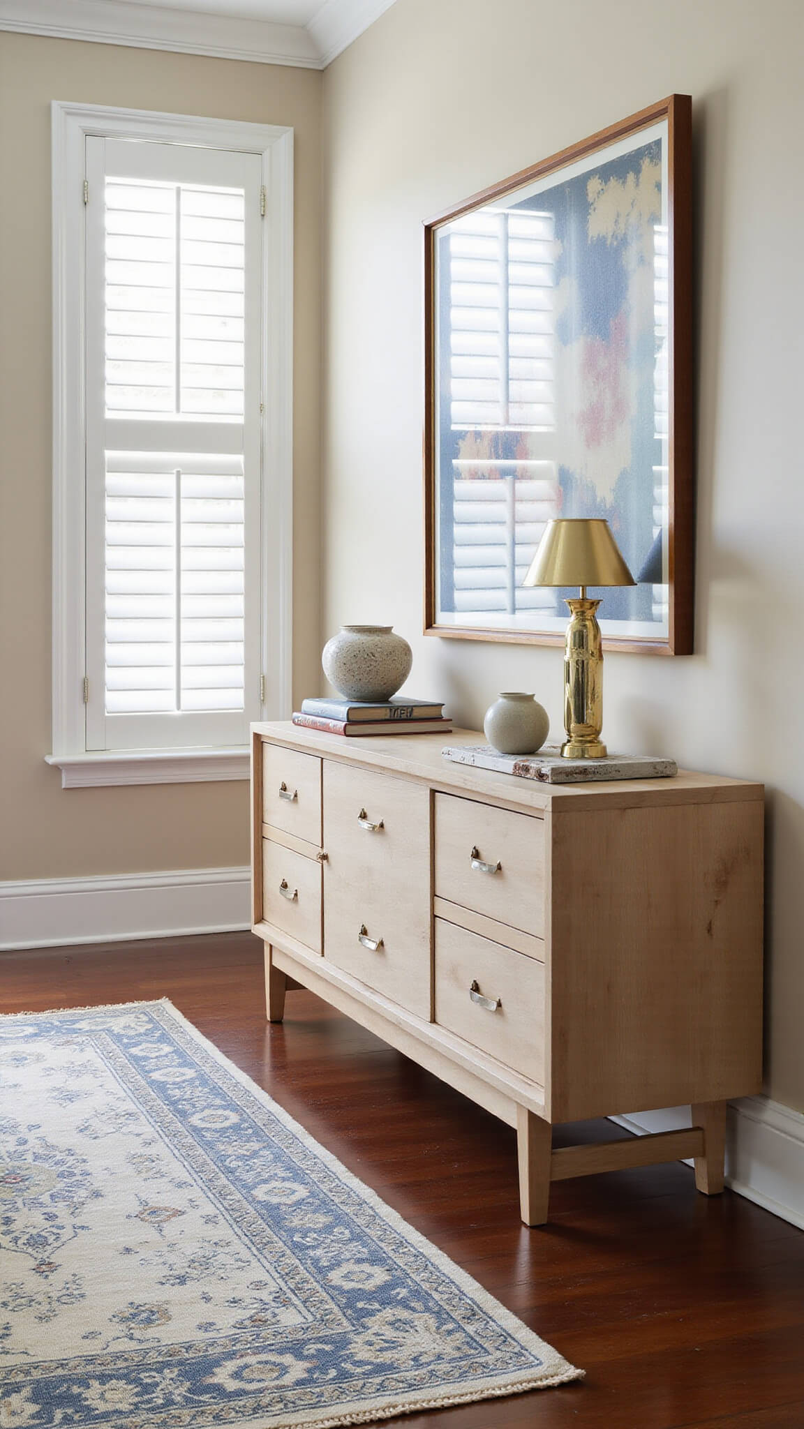 Guest suite with warm greige walls, vintage Persian rug, modern bleached oak console, and soft afternoon light filtering through plantation shutters.