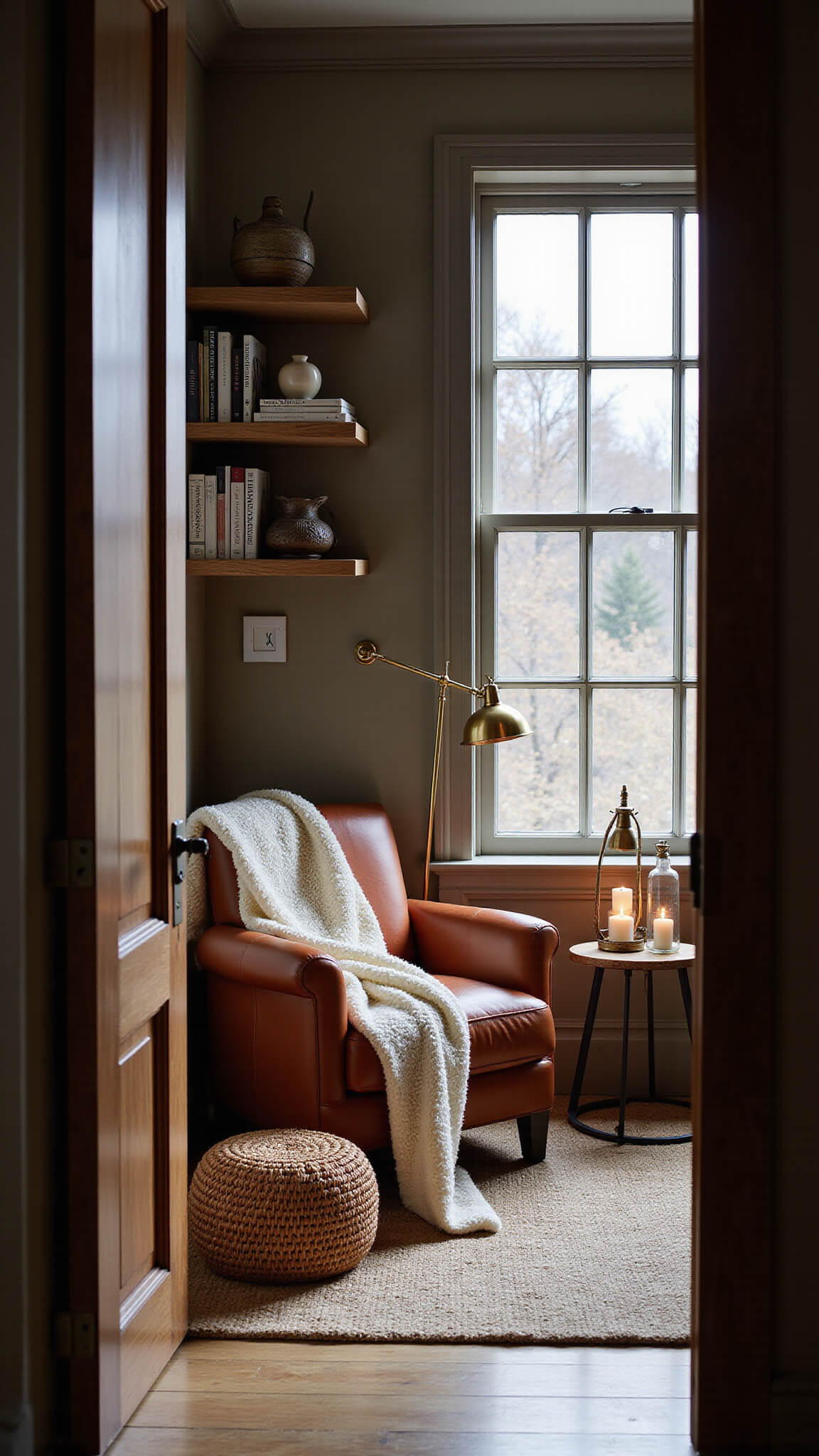 Inviting reading corner with burnt orange cushions, leather chair, brass lamp, wool pouf, oak shelves, and candlelight
