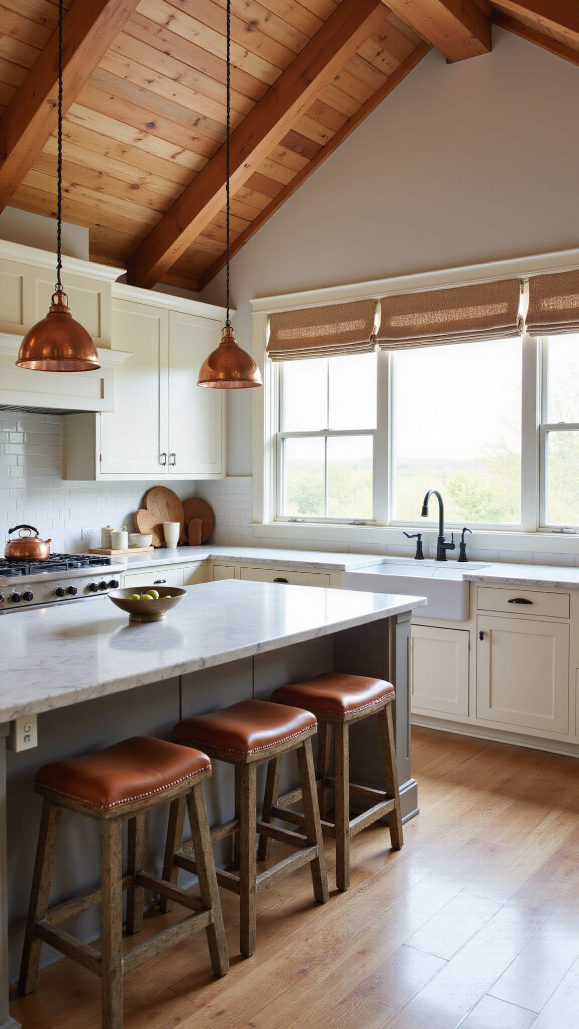 Modern farmhouse kitchen with wooden beams, creamy cabinetry, marble counters, copper lighting, rustic island, and woven shades
