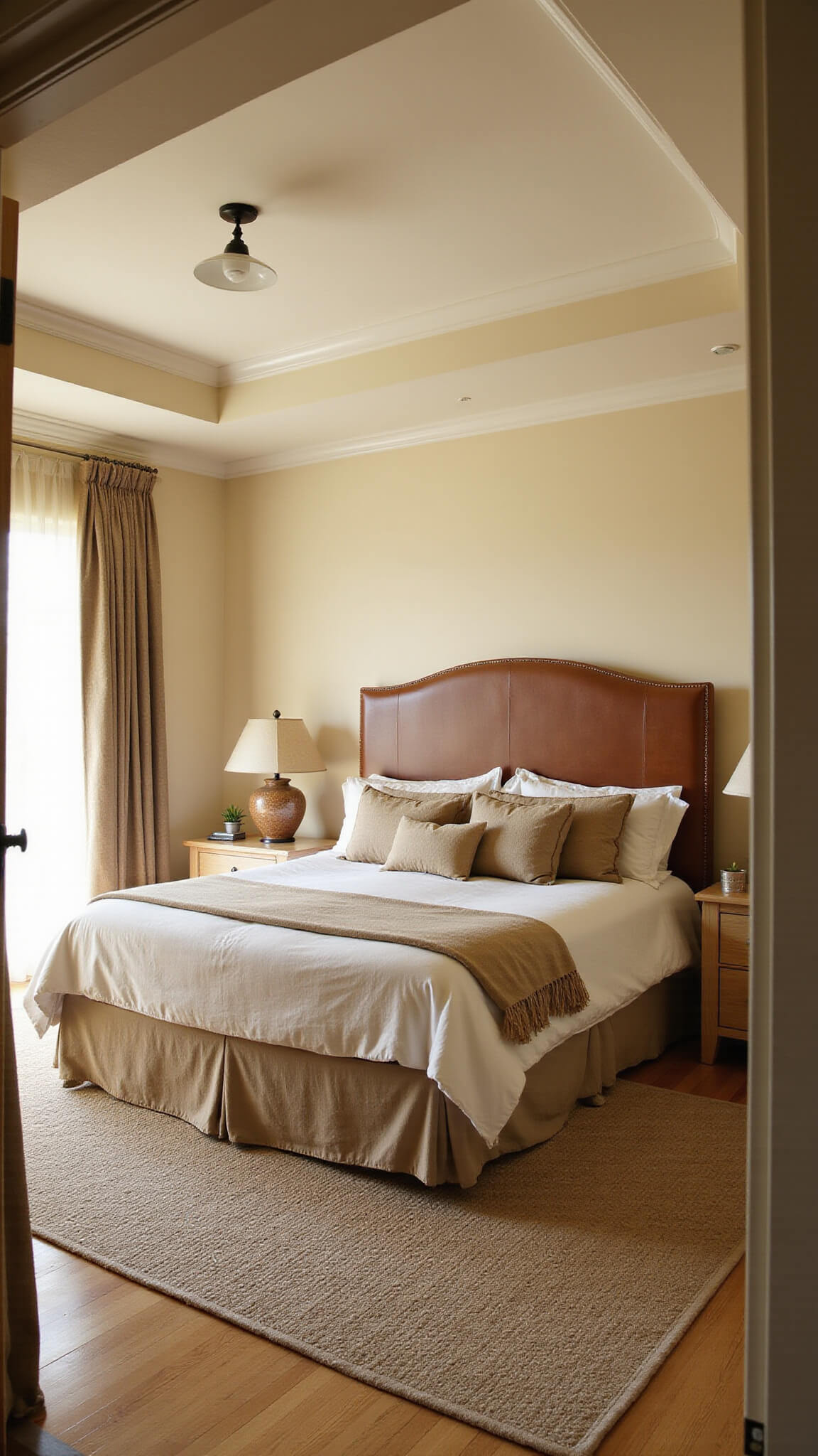 Master bedroom featuring king-sized bed with warm neutral bedding, leather headboard, tray ceiling, and soft sunset light