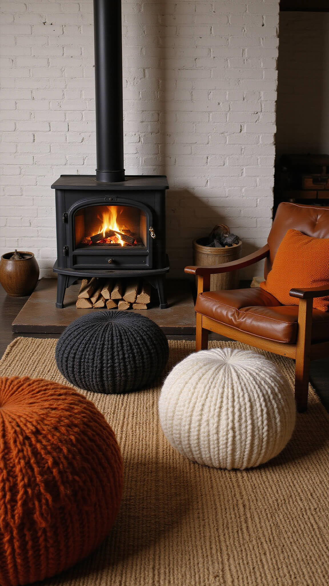 Cozy den with black wood stove, whitewashed brick wall, warm lighting, knit poufs, leather chairs, and layered rugs