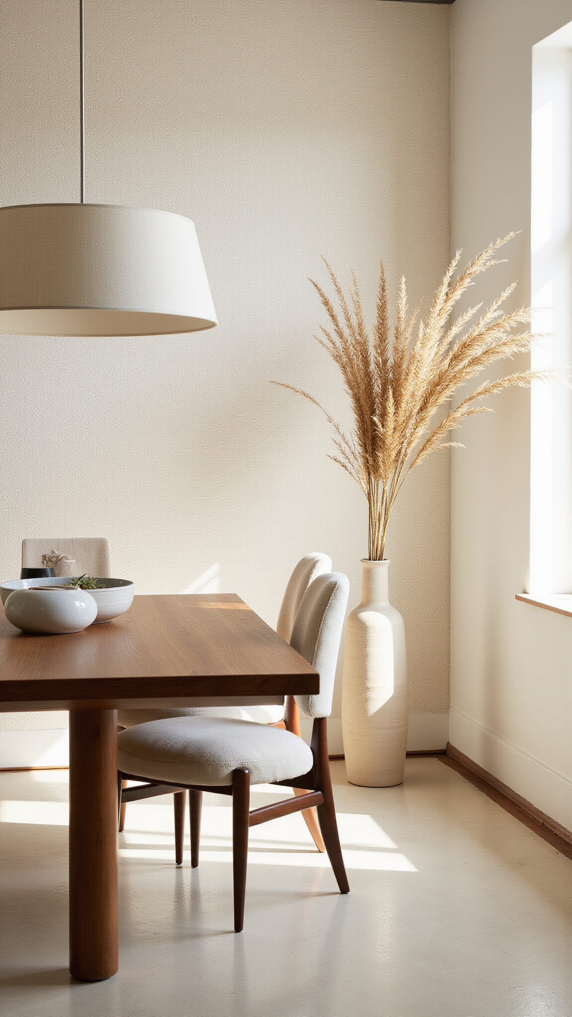 Minimalist dining area with walnut table, cream chairs, linen pendant light, grasscloth wallpaper, and pampas grass centerpiece