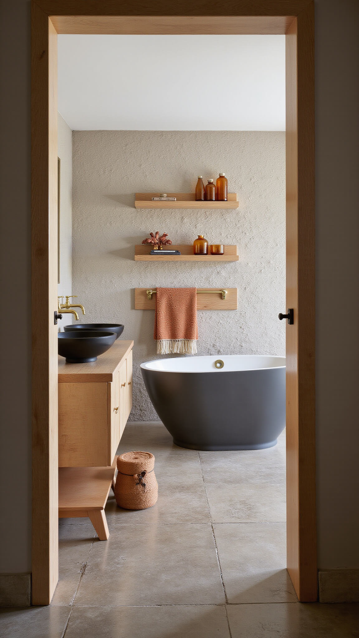 Spa-style bathroom with freestanding tub, limestone wall, oak vanity, brass fixtures, terracotta towels, floating shelves, and herringbone tile floor
