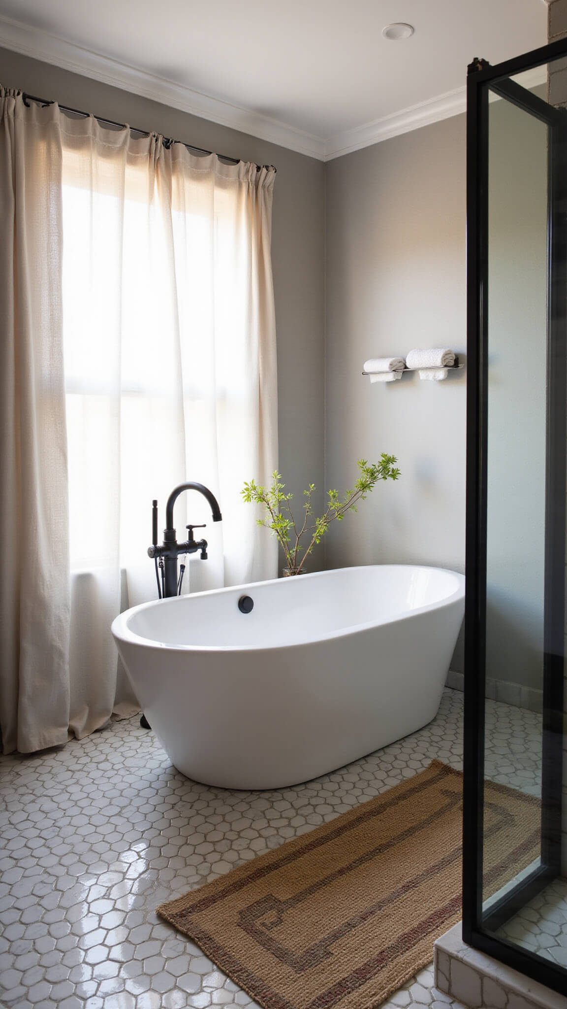 Urban bathroom showcasing a corner freestanding white tub, hexagonal marble tiles, matte black fixtures, and golden hour sunlight filtering through sheer curtains.