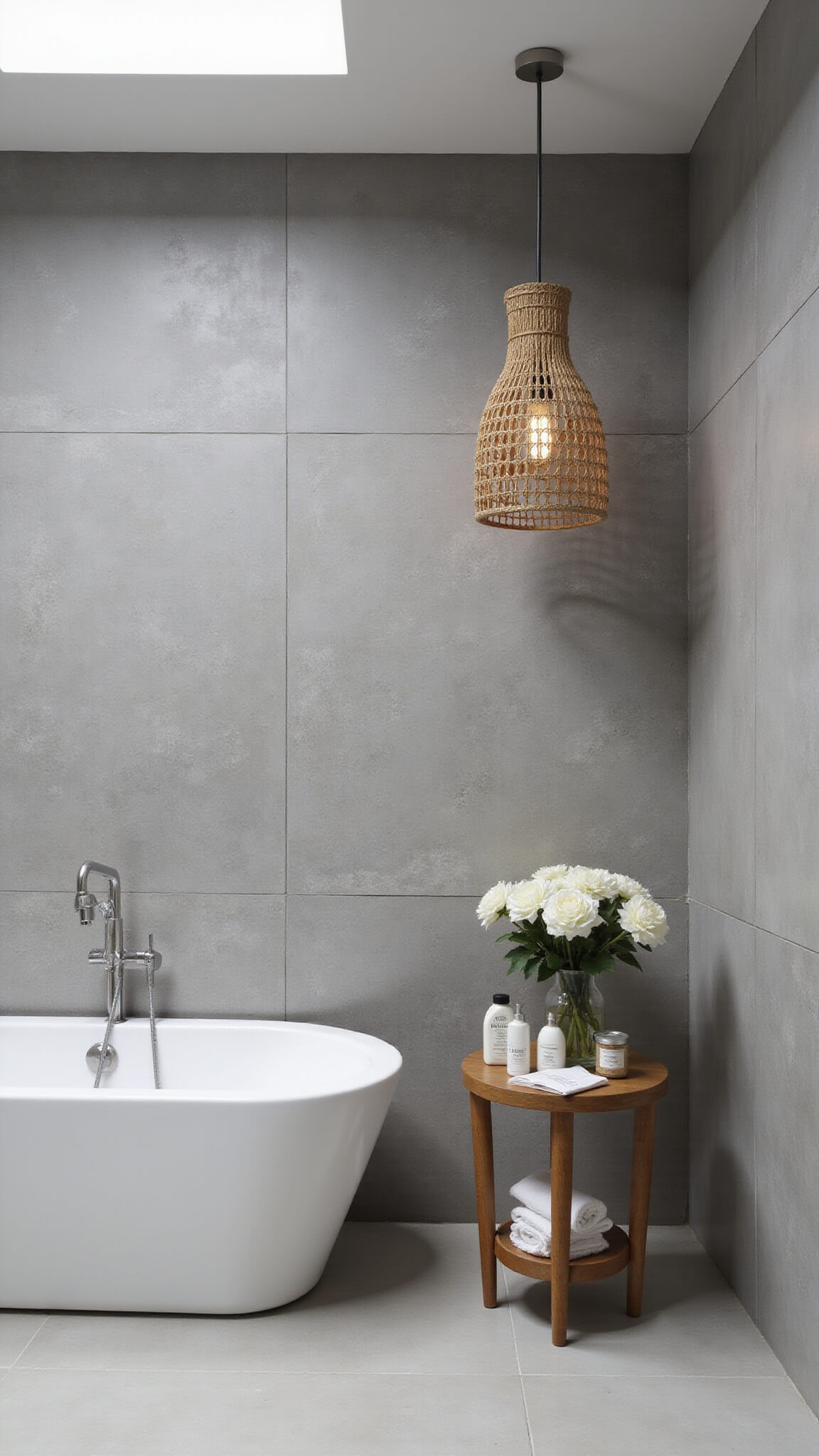 Spa-inspired urban bathroom with freestanding tub filler, teak bath caddy, woven pendant light, and gray porcelain tiles illuminated by natural skylight.