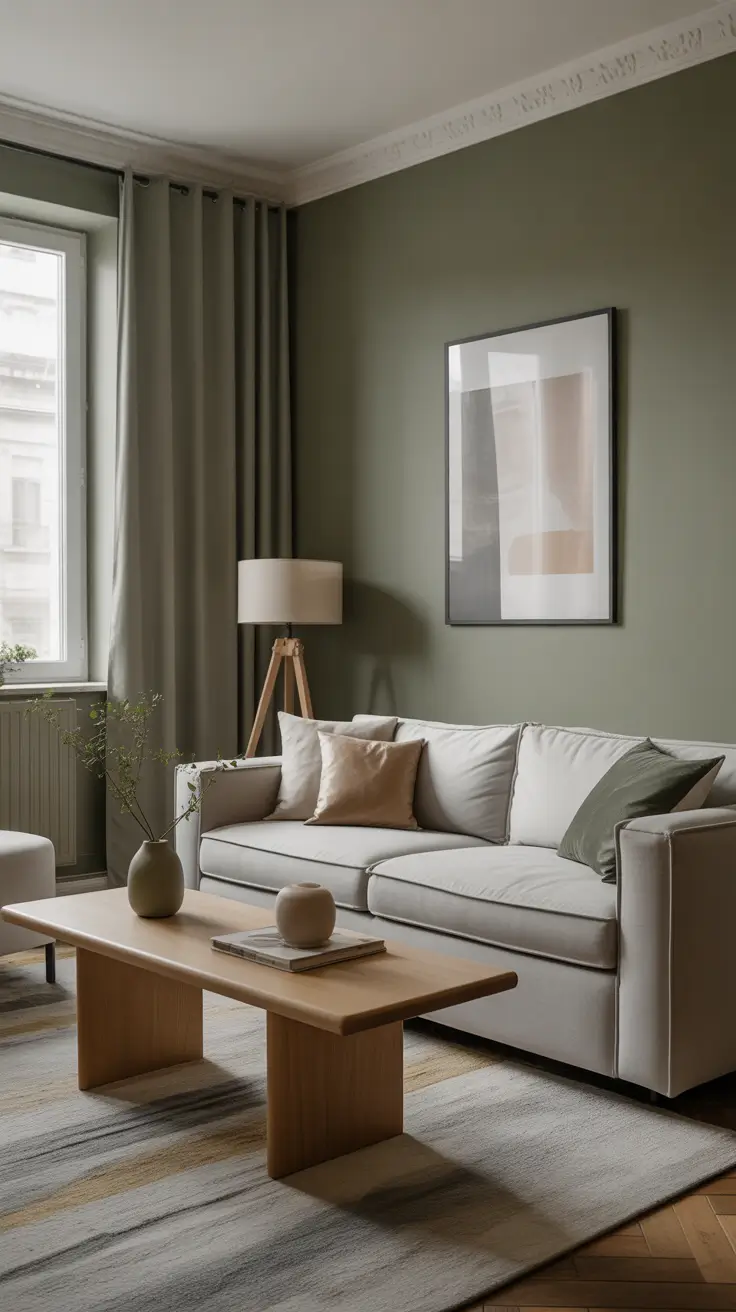 Modern Budget Living Room with Olive and Gray Accents