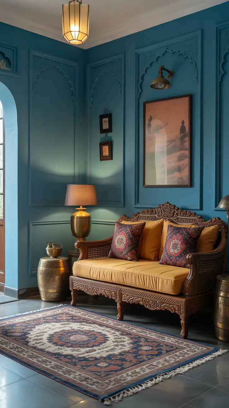 Brass Accents and Patterned Textiles in Indian-Inspired Living Room
