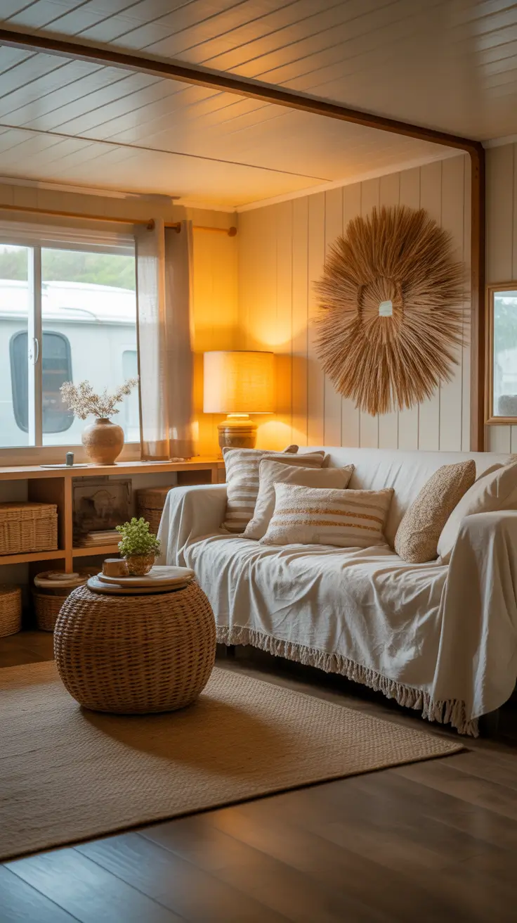 Cozy Budget Living Room with Natural Fabrics and Warm Lighting