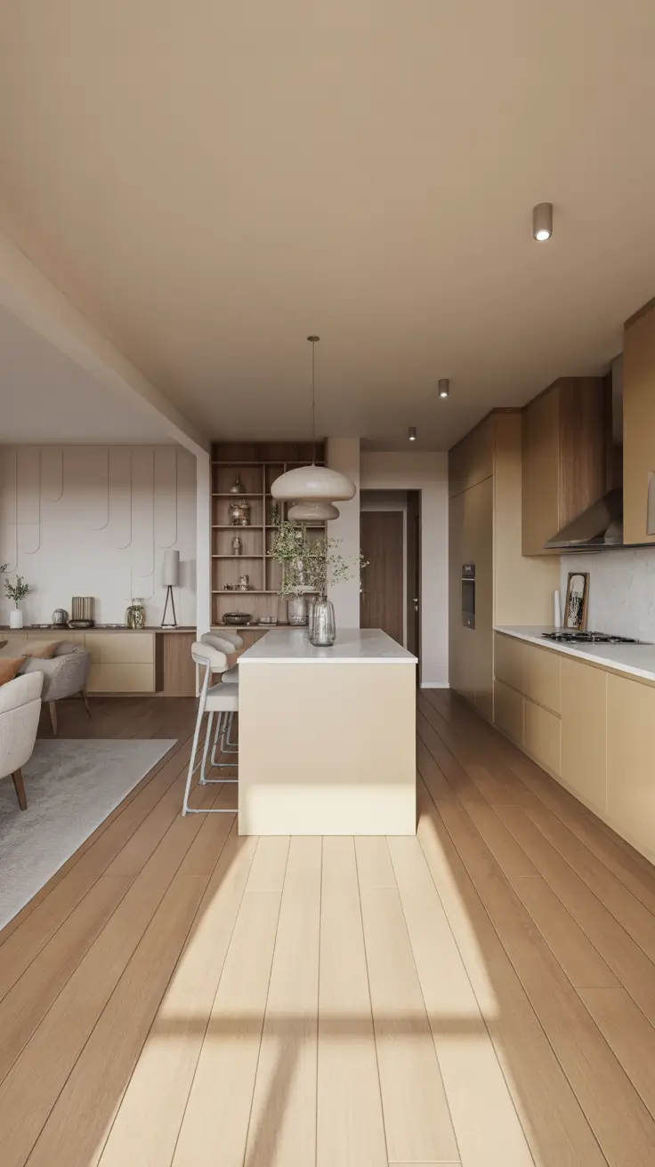 Open Plan Kitchen and Living Area in Light Oak and Cream