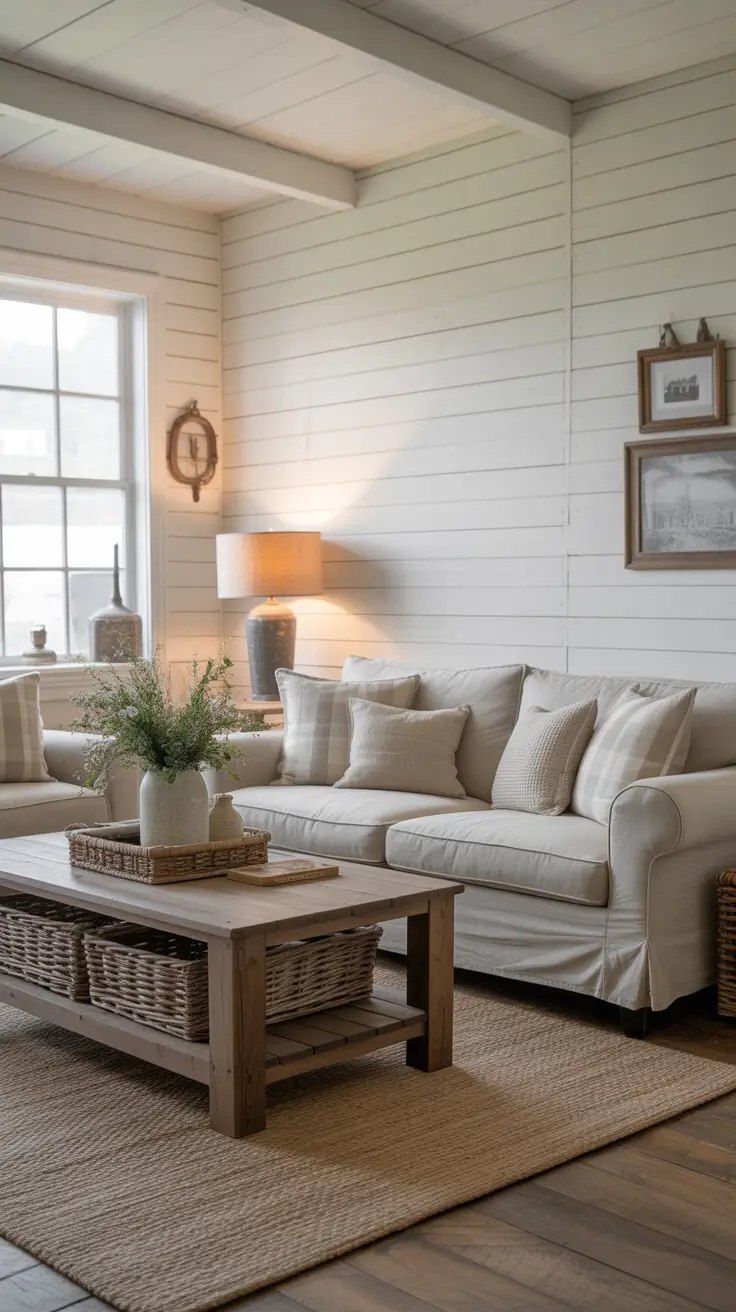 Farmhouse Living Room with Neutral Palette and Wooden Accents