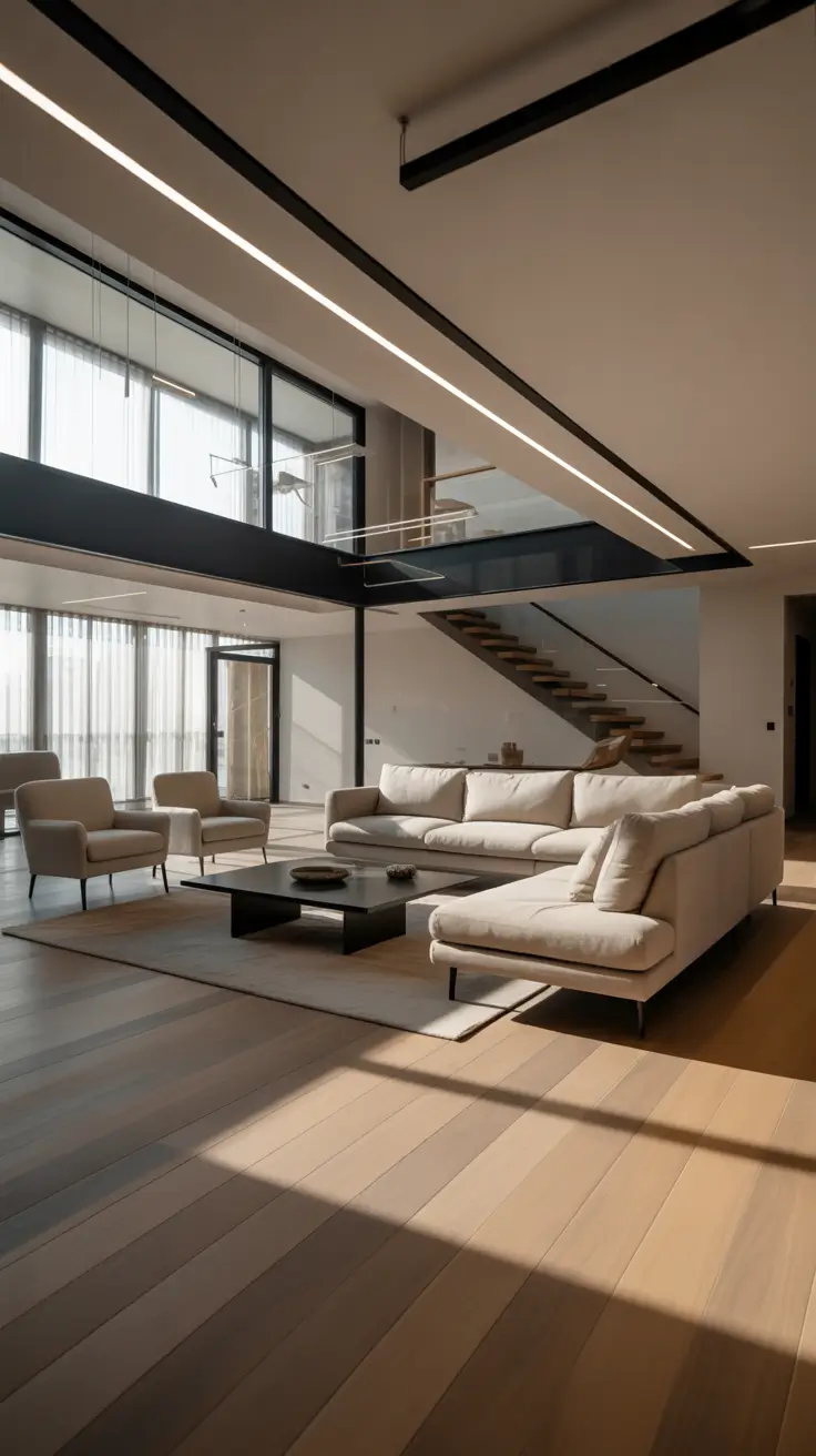 Contrasting Furniture in Split-Level Living Room