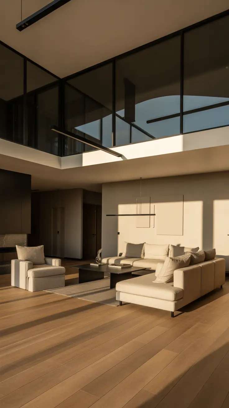 Split-Level Living Room with Contrasting Light Zones