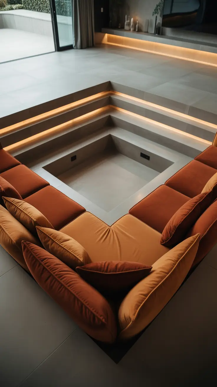 Luxurious Sunken Lounge with Velvet Sofas