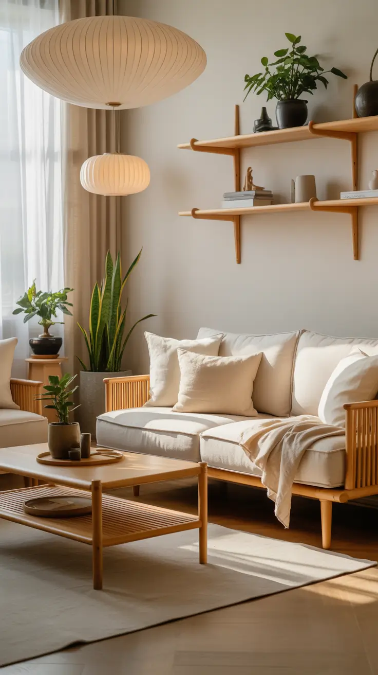 Minimalist Japandi Living Room with Greenery