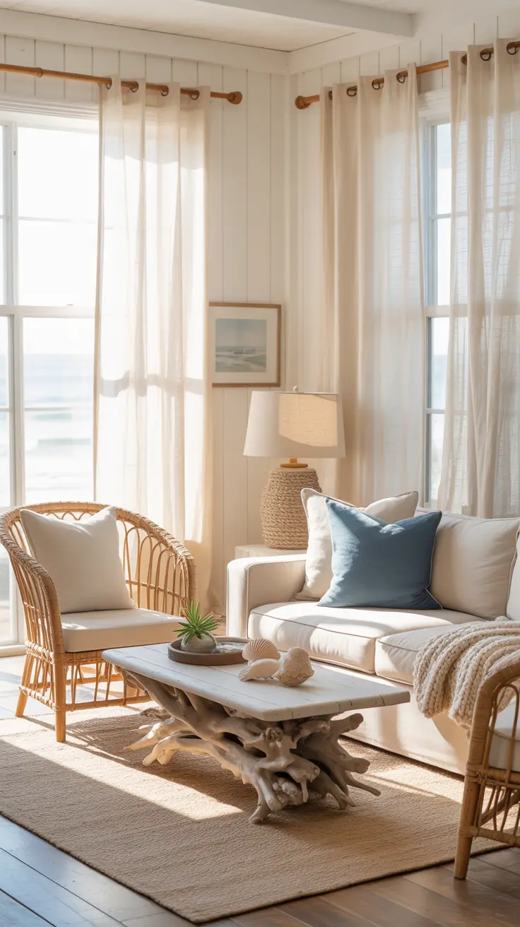 Coastal Living Room with White and Ocean Blue
