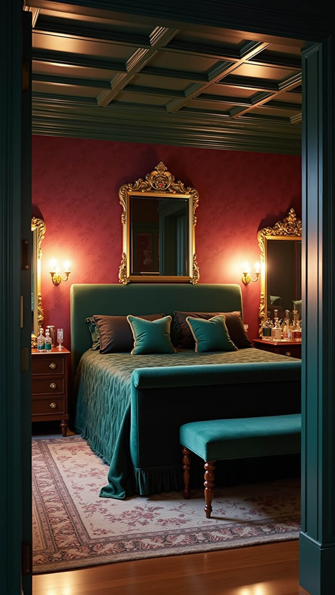 Luxurious bedroom with emerald velvet sleigh bed, black silk bedding, gilded mirrors, and rich aubergine wallpaper