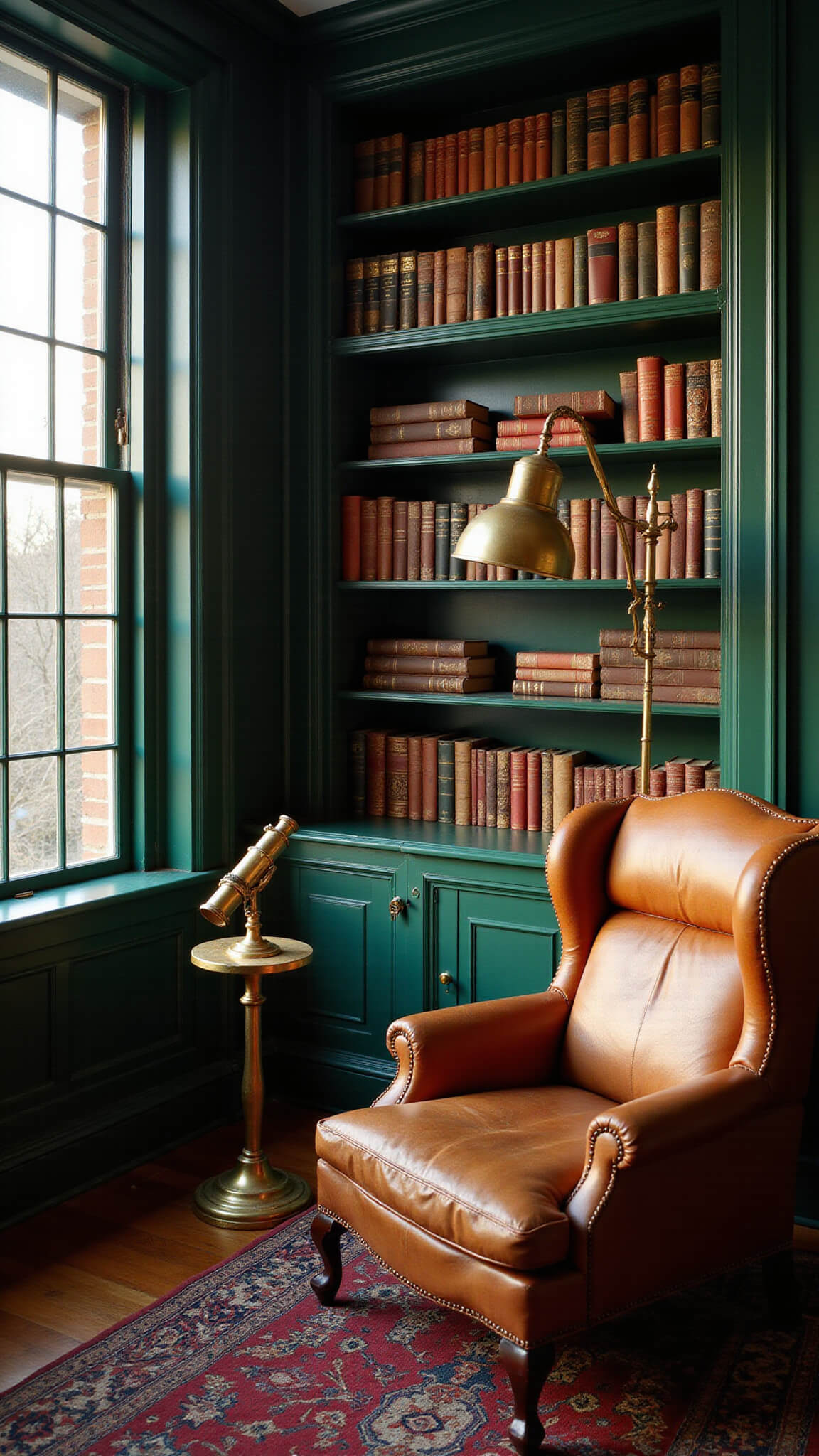 Cozy reading nook with green bookshelves, leather wingback chair, vintage books, Turkish rug, and brass telescope