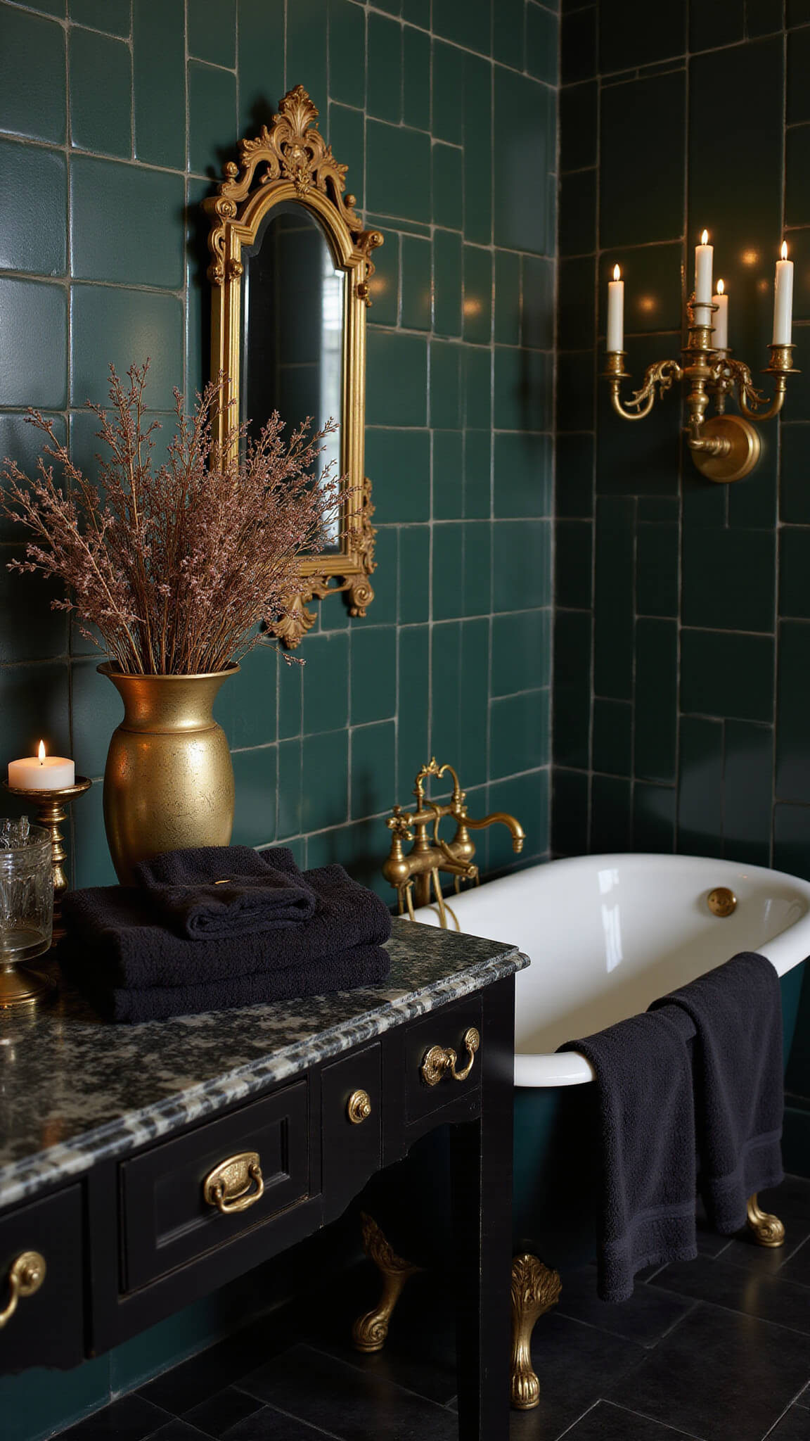Gothic-inspired bathroom with clawfoot tub, vintage brass fixtures, candles, and black marble vanity