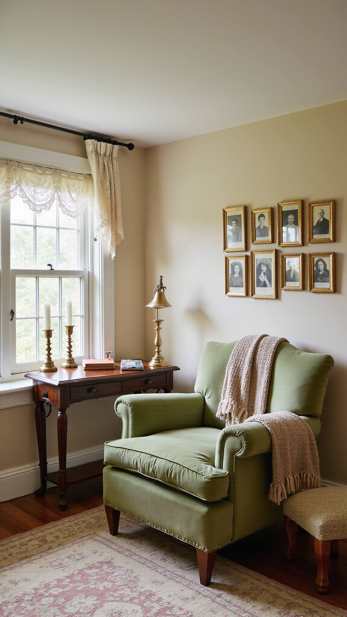 Inviting reading nook with sage green Victorian armchair, antique side table, lace curtains, and sepia-toned family portraits framed elegantly, bathed in soft morning sunlight.
