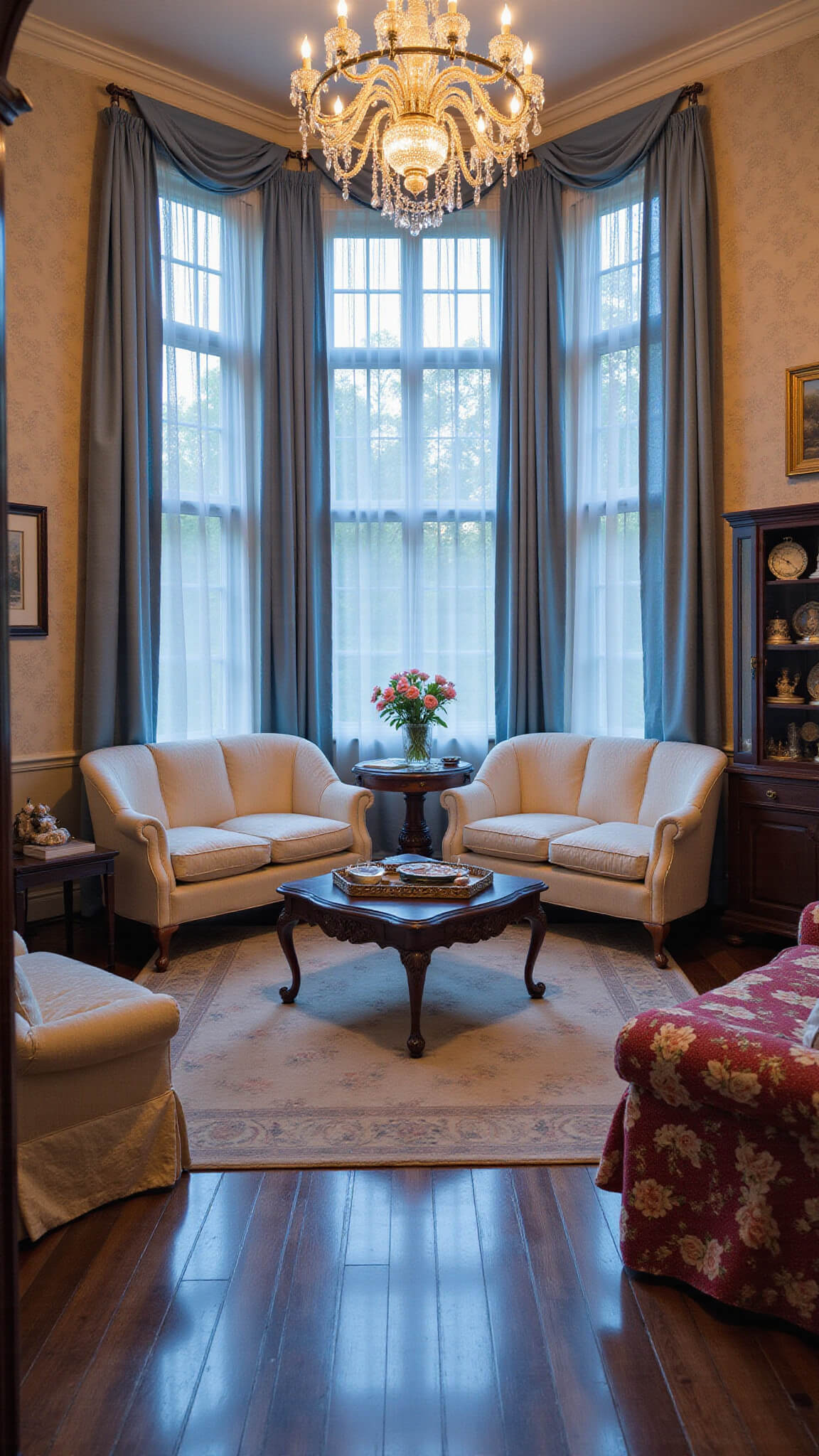 Sophisticated formal living room at dusk with cream brocade sofas, antique coffee table, crystal chandelier, and tall curtained windows, viewed from a low entrance angle.