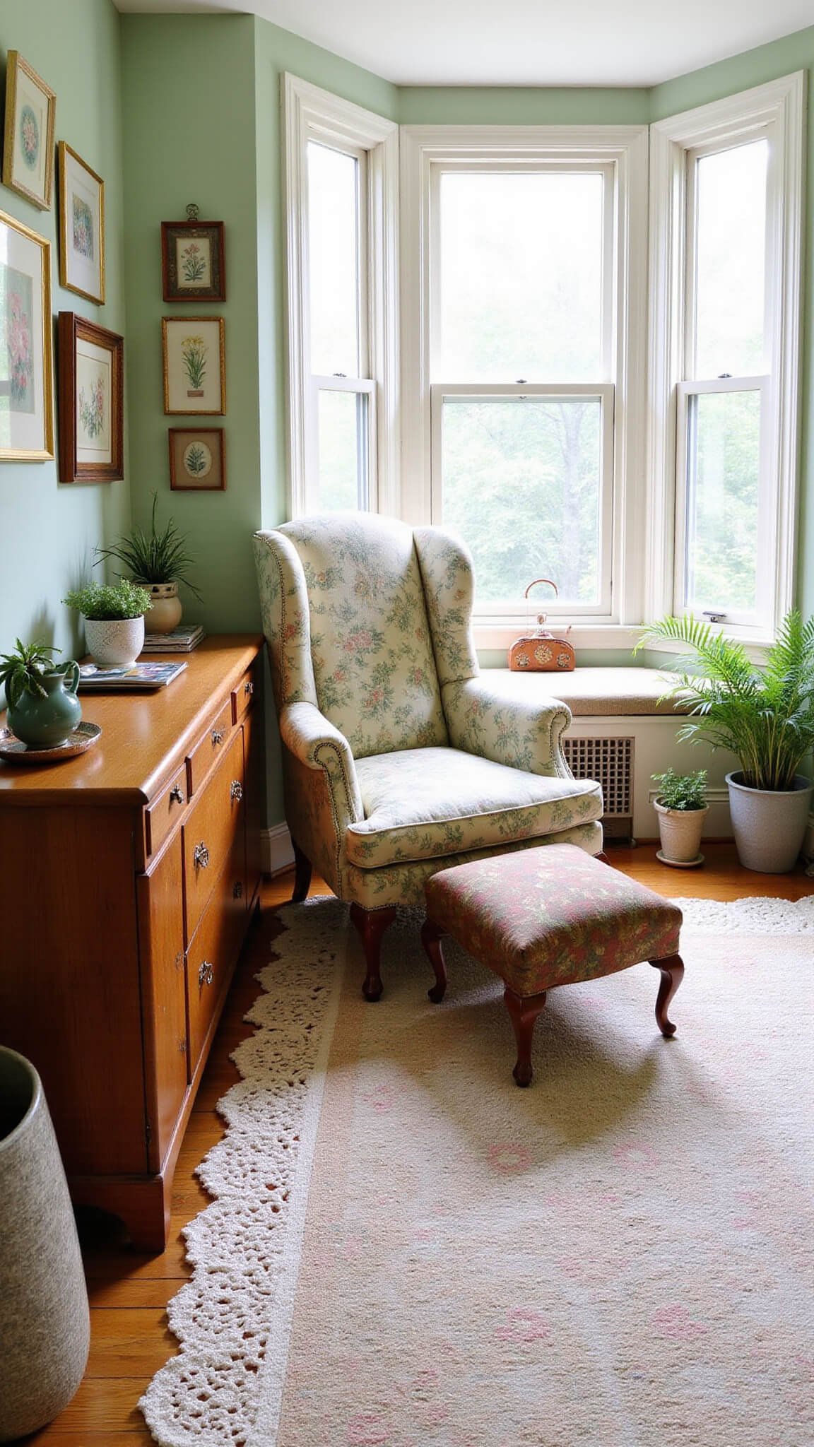 Cozy sitting area with bay window seat, floral bergère chair, vintage sideboard adorned with teapots, handwoven pastel rug, and botanical artwork illuminated by natural light.