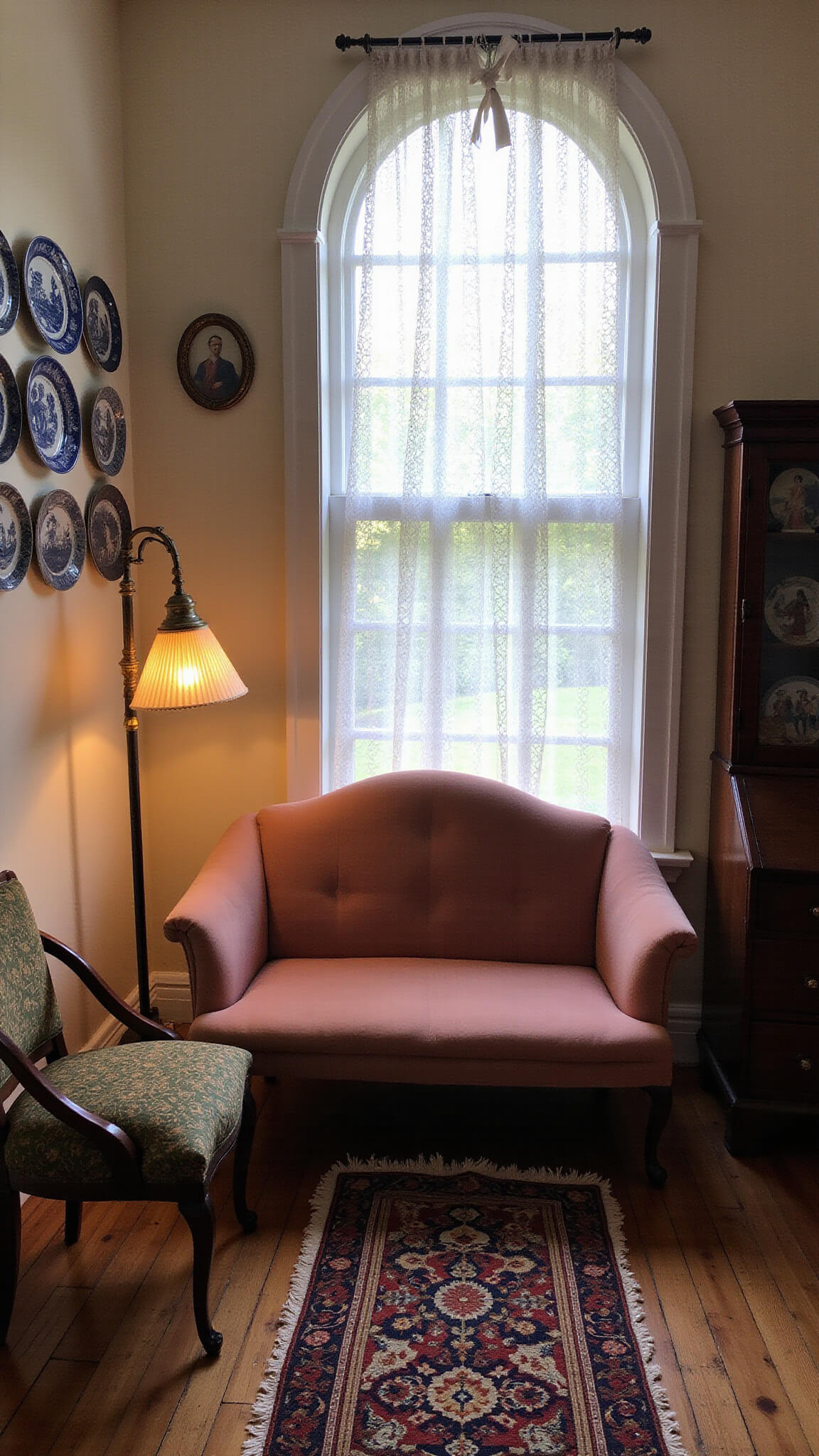 Intimate 12x12ft parlor at twilight featuring a dusty rose velvet settee beneath an arched window, dark wood desk with miniature portraits, Persian runner, brass lamp casting warm light, Blue Willow plates on the wall, and a colorful granny square afghan.