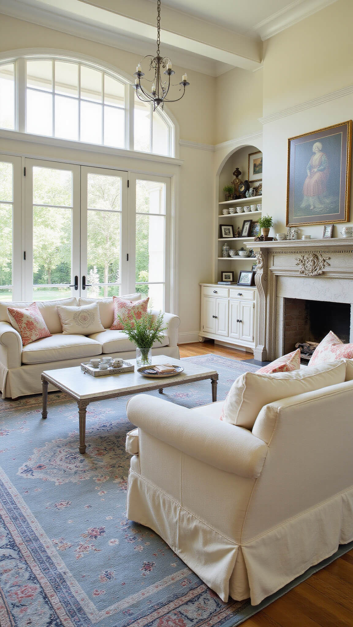 Spacious 20x24ft family room with cream sofas, marble fireplace, antique teacup collection, and garden views through French doors.
