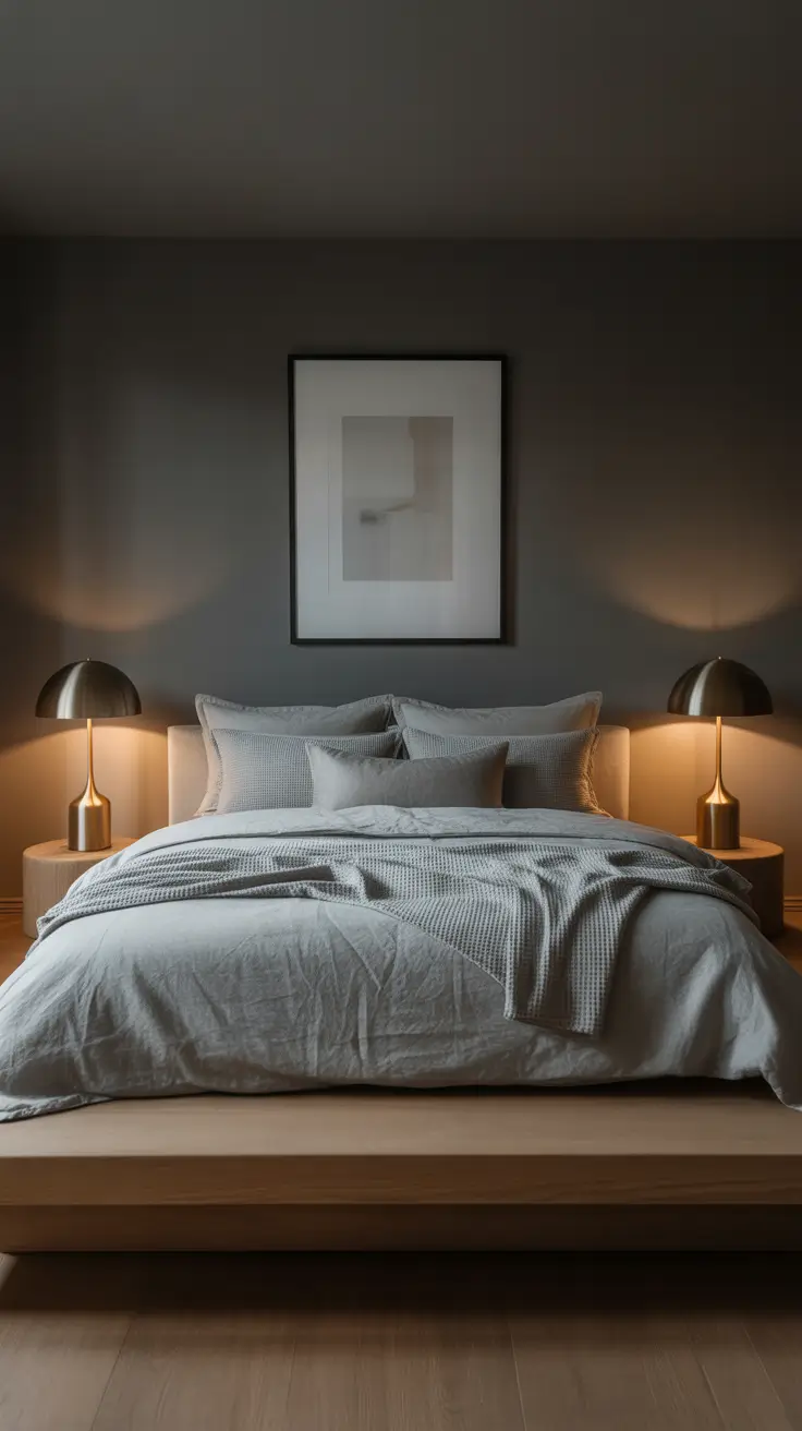 Charcoal and Matte Gold Bedroom Design