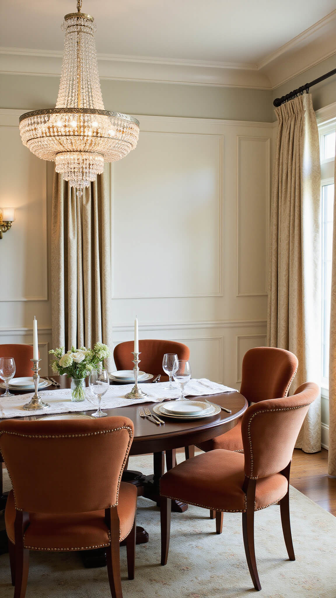 Elegant dining room featuring a crystal chandelier, mahogany table set with vintage china, terracotta velvet chairs, and cream damask curtains illuminated by late afternoon sunlight.