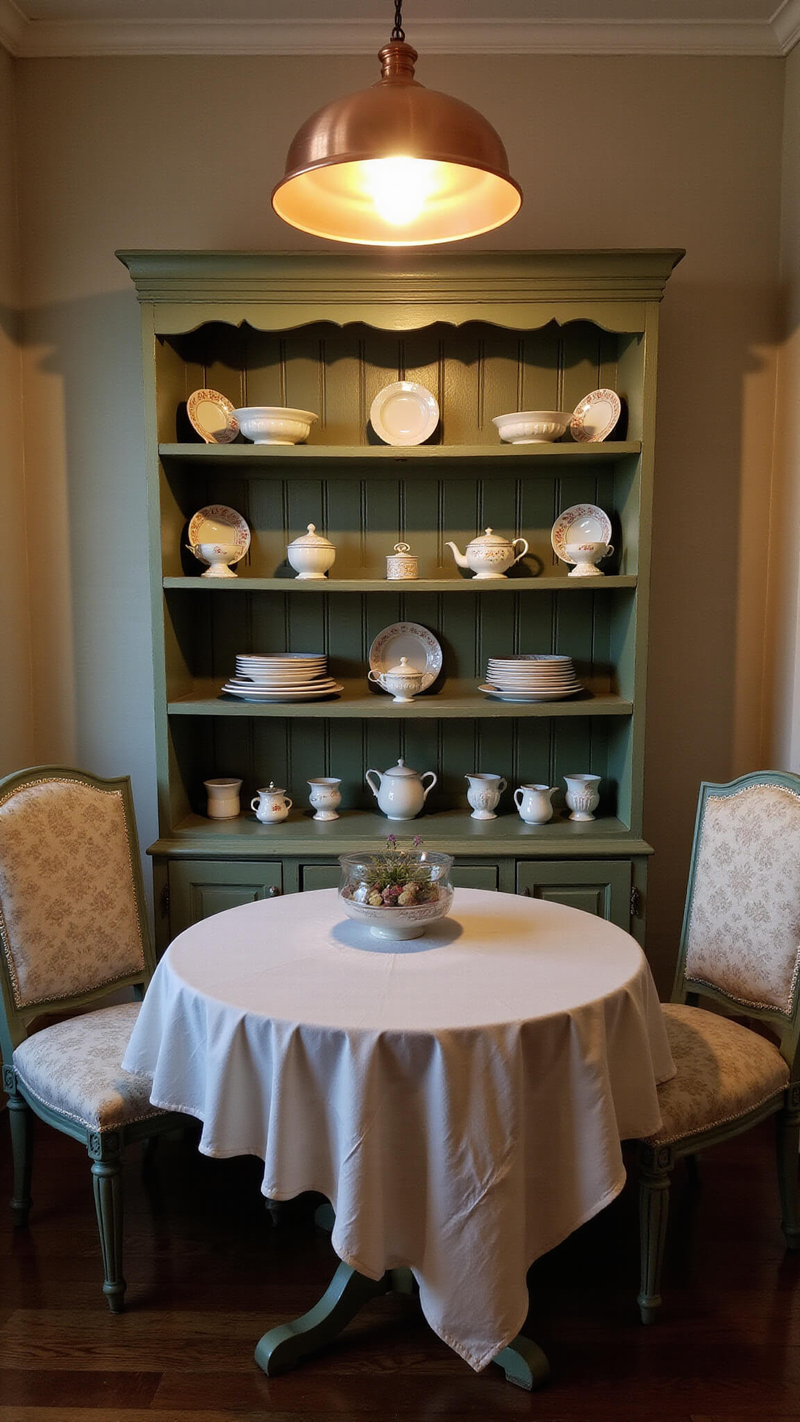Intimate dining nook at dusk featuring a sage green antique hutch, vintage tableware, and a glowing copper pendant light.