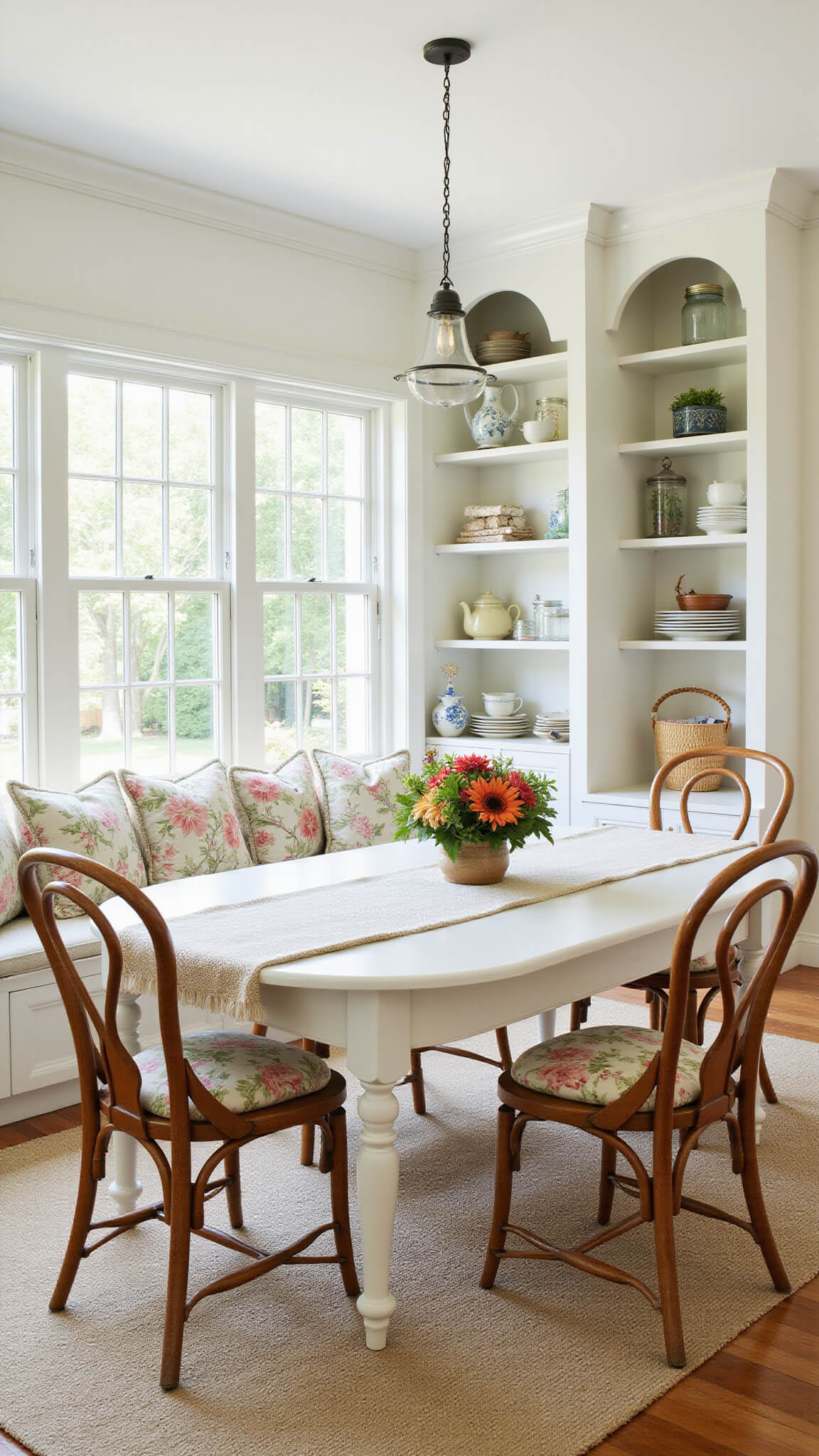Bright breakfast nook with floral window seat, white table, bentwood chairs, open shelves filled with teapots, and fresh garden flowers.