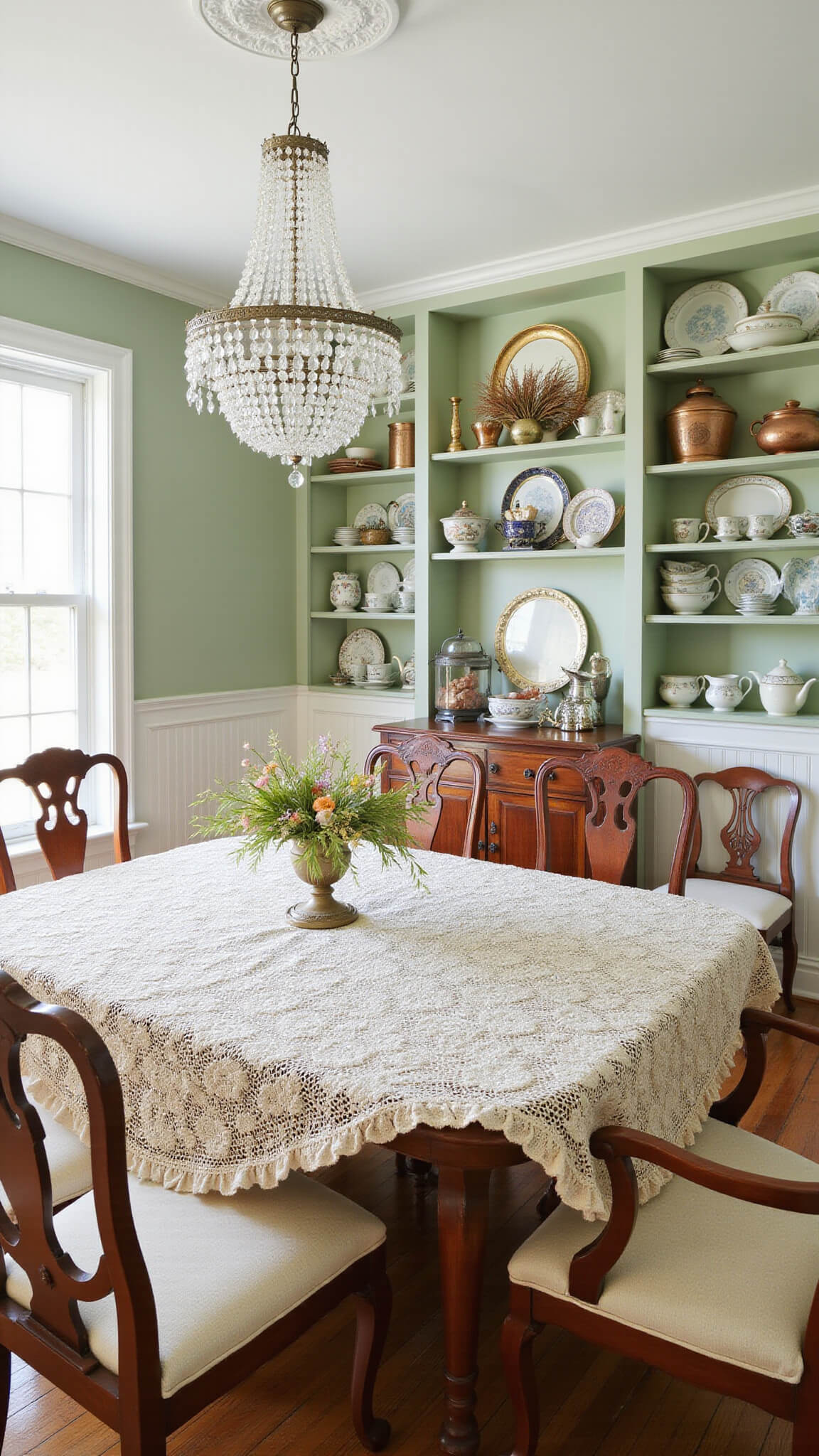 Sunlit dining room with sage walls, antique mahogany table, vintage china, and dried botanicals