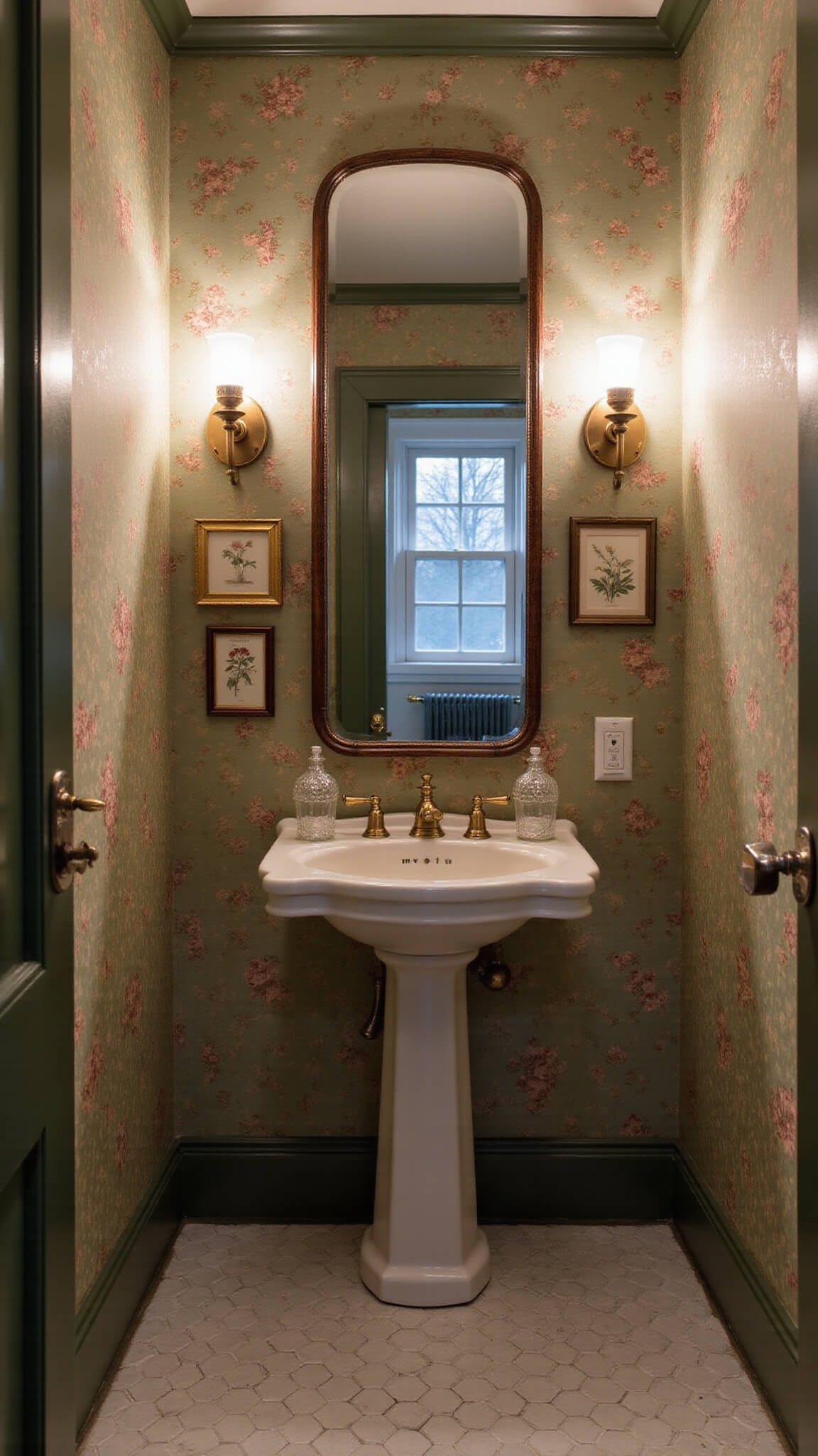 Vintage-inspired powder room with floral wallpaper, brass sink, and botanical prints
