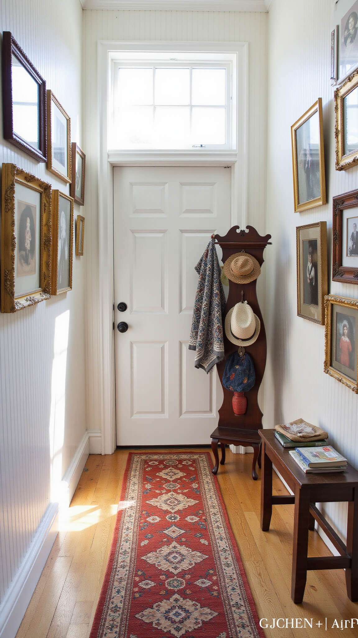 Sunlit entryway with beadboard wainscoting, antique hall tree, crocheted shawls, and vintage hats