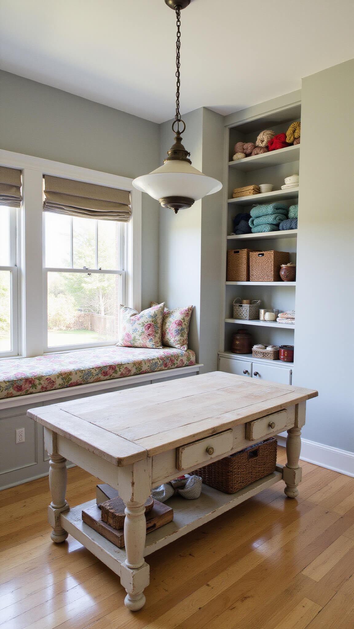 Bright craft room with vintage window seat, organized quilting supplies, and rustic wood table