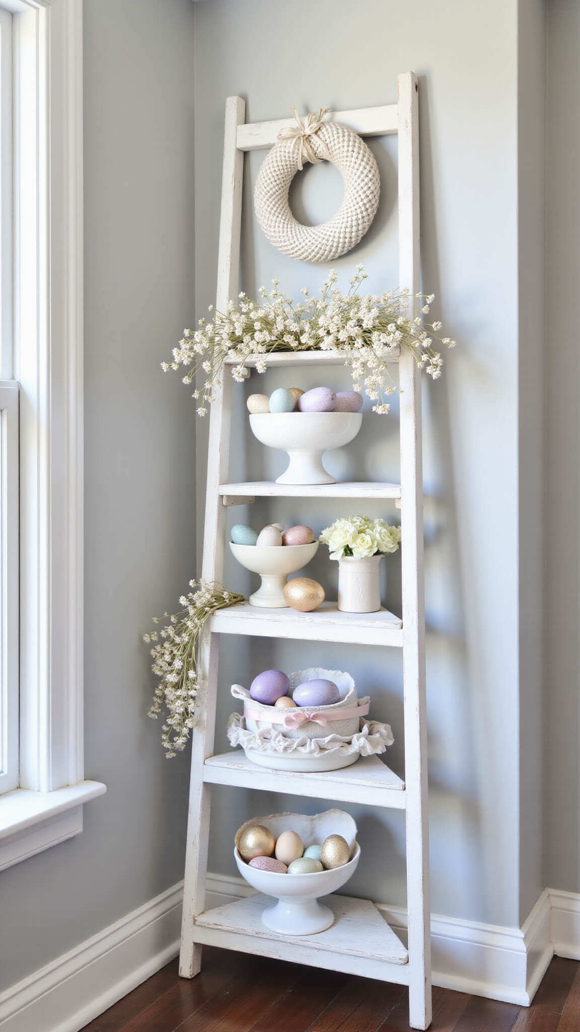 Classic ladder shelf adorned with Easter eggs in milk glass bowls, cascading paper flowers, and a pastel-themed wreath, set in a softly illuminated traditional living room corner.
