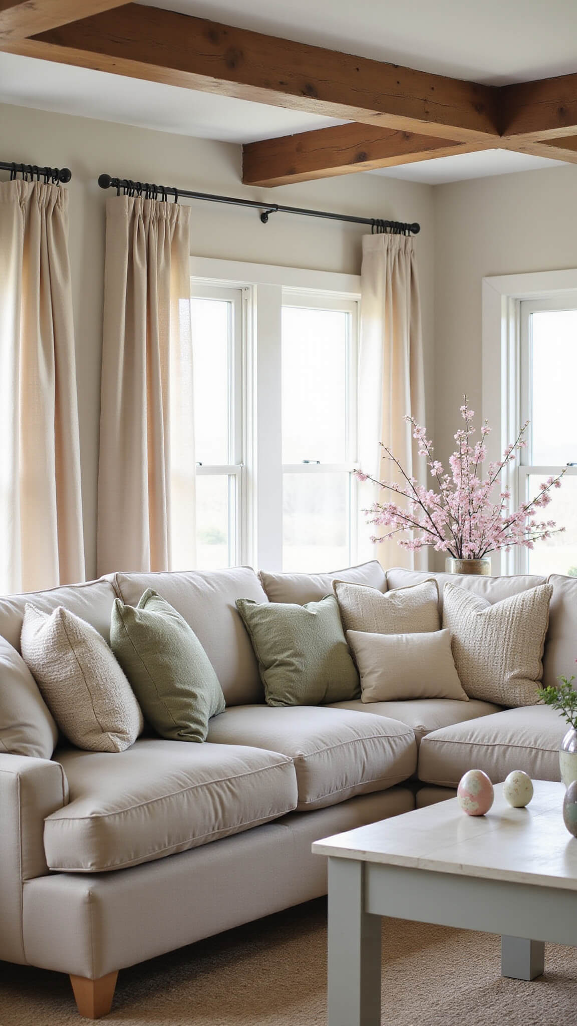 Sunrise-lit modern farmhouse living room with exposed wooden beams, oatmeal linen sectional sofa, textured pastel cushions, cherry blossom centerpiece on the coffee table, and soft sunlight filtering through sheer curtains.