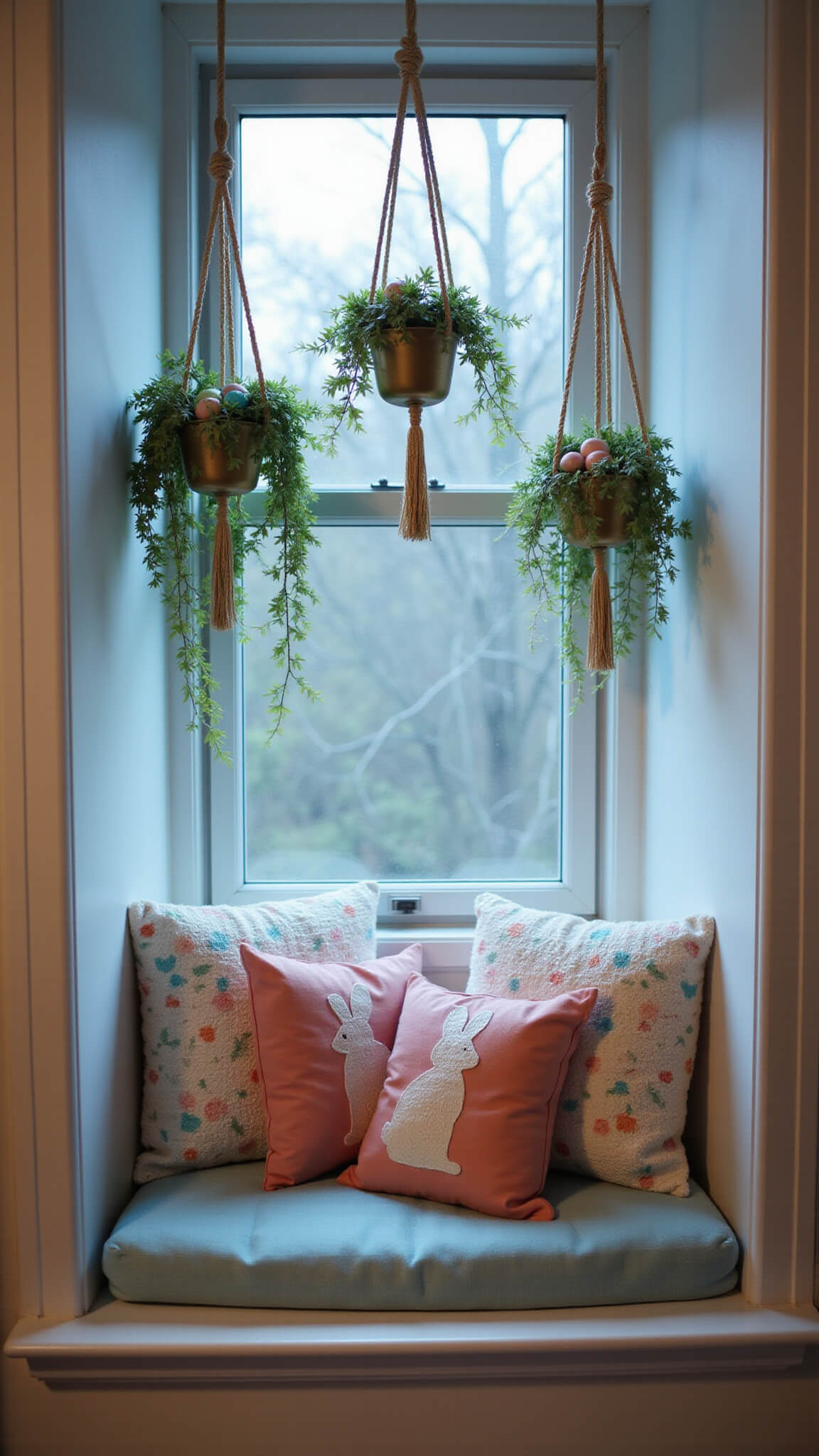 Cozy window nook decorated for Easter with soft spring cushions, bunny-themed pillows, hanging macramé planters filled with greenery and pastel eggs, bathed in gentle blue hour light.