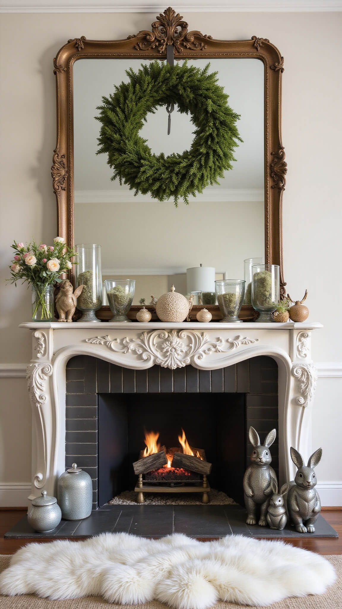 Sophisticated living room at dusk featuring a grand fireplace, antique mirror topped with a large botanical wreath, mercury glass candle holders, moss-covered eggs, vintage rabbit figurines on the mantel, and spring flowers on a sheepskin rug.