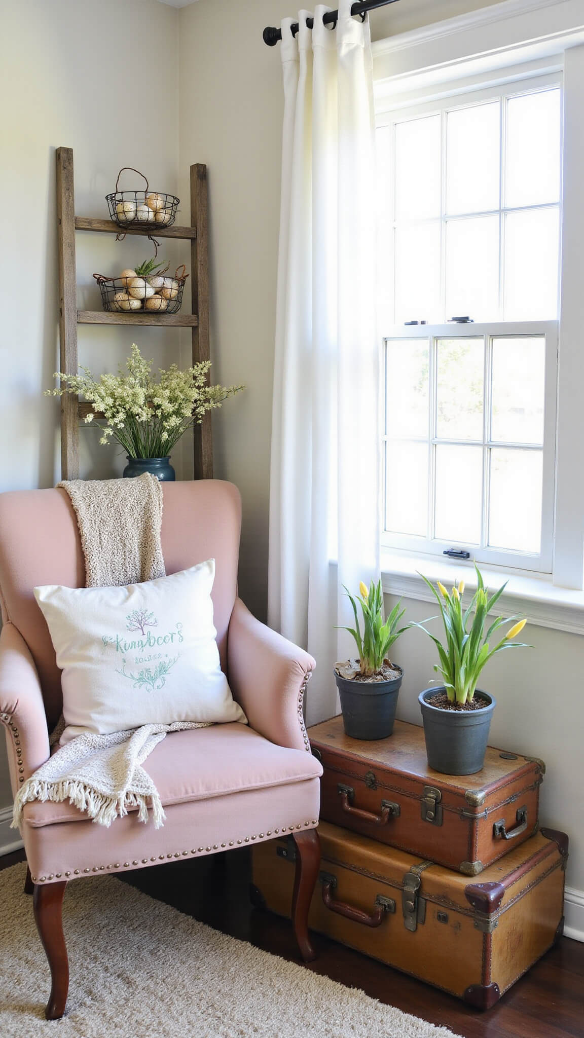 Rustic elegant living room corner featuring a vintage ladder, wire baskets filled with eggs and wildflowers, a blush velvet chair with a throw and Easter-themed pillow, stacked suitcases with spring bulbs, all bathed in warm, diffused light.