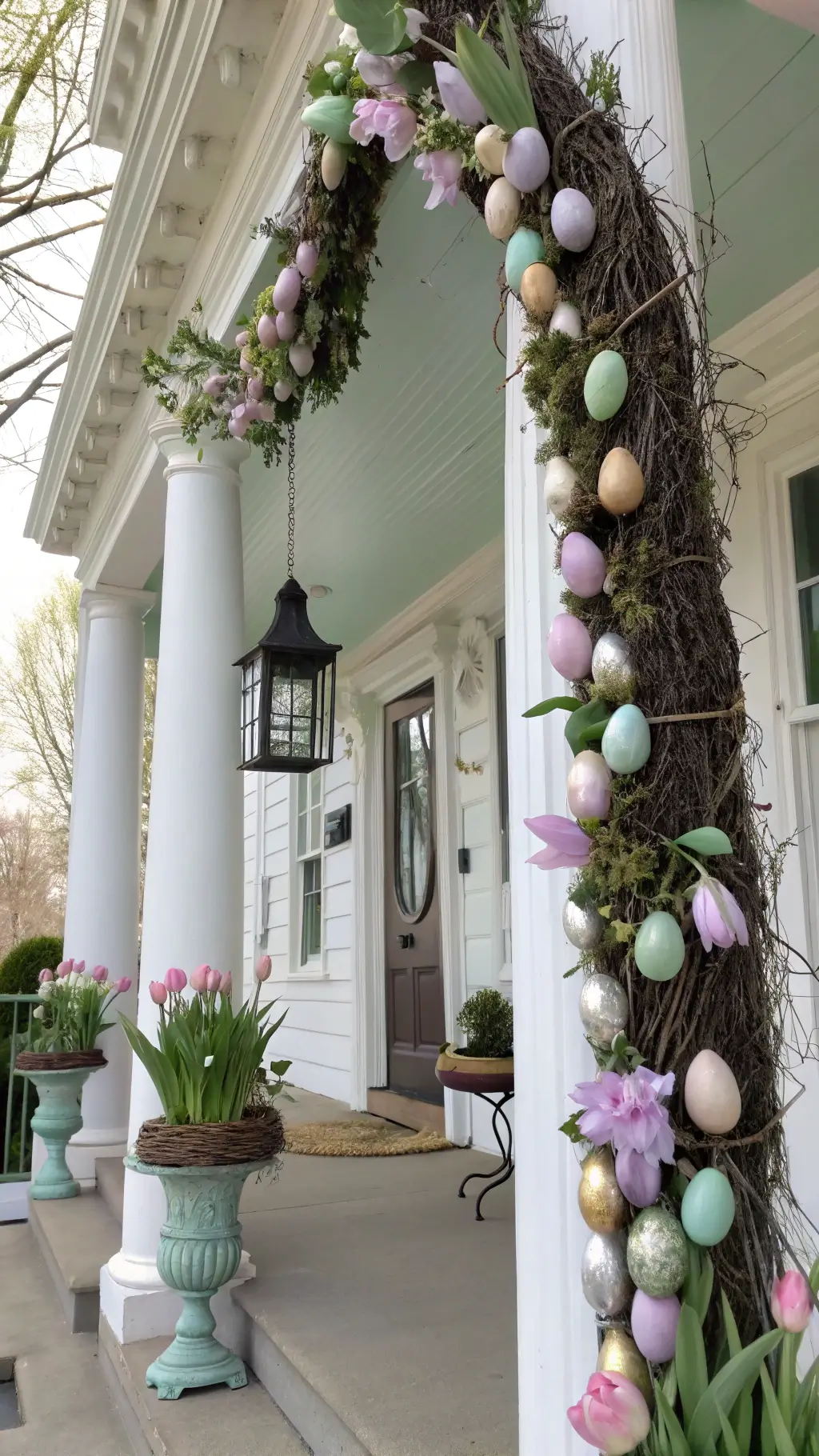 Delicate Easter egg garland in metallic lavender, mint, and champagne hues draped over white porch pillars, complemented by rattan nests, eucalyptus sprigs, and tulips in vintage milk glass vases under a soft morning mist.