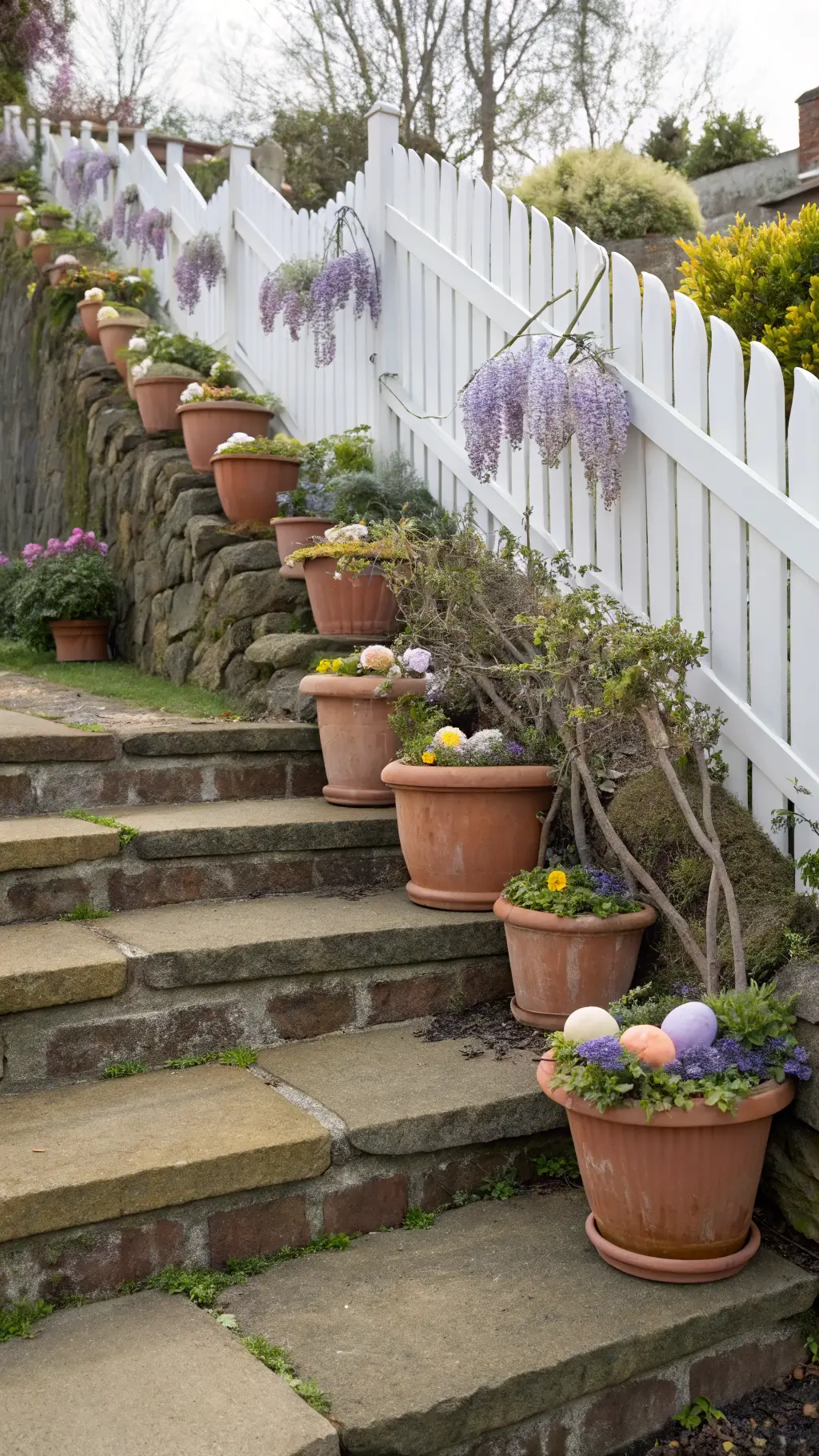 Terraced garden steps adorned with pastel flower pots and sparkling egg-shaped topiaries, bordered by a white picket fence and cascading wisteria, captured on a misty spring morning.
