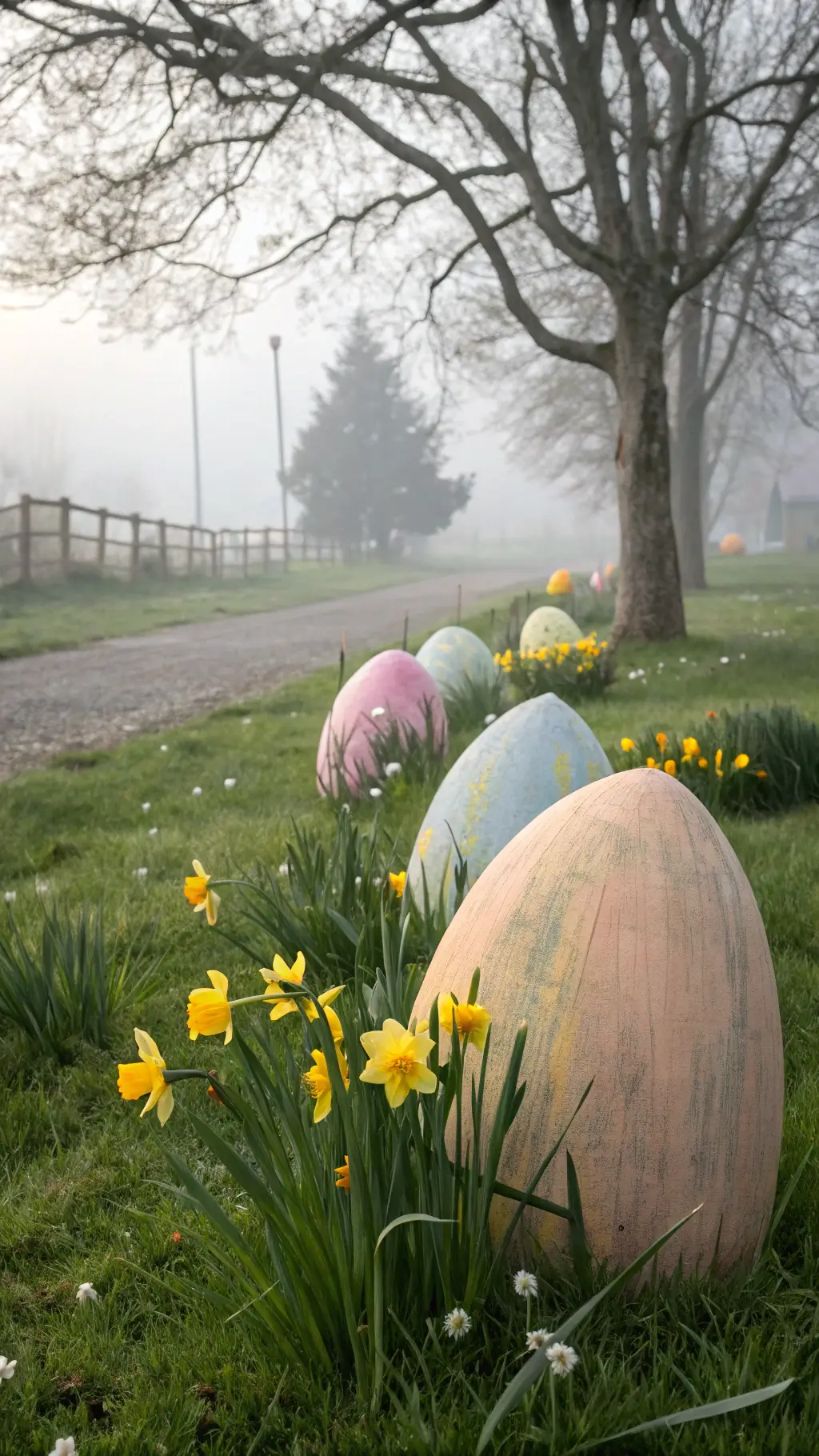 Early morning Easter egg hunt scene with large pastel-painted wooden eggs nestled among blooming spring flowers and a gentle fog in the background.